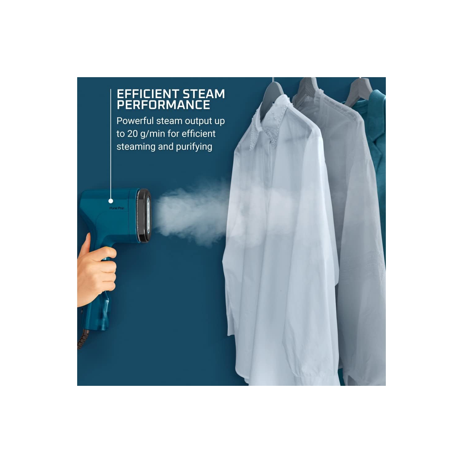 Rowenta Pure Pop Handheld Garment Steamer, 1150W, 2.3 oz Capacity, 15 Sec Heat-up, Portable, Blue