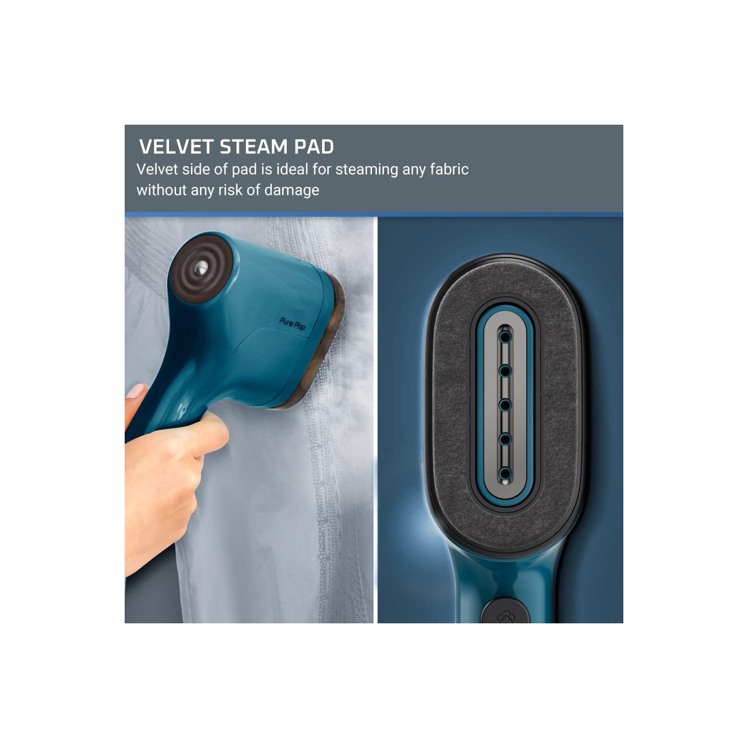 Rowenta Pure Pop Handheld Garment Steamer, 1150W, 2.3 oz Capacity, 15 Sec Heat-up, Portable, Blue