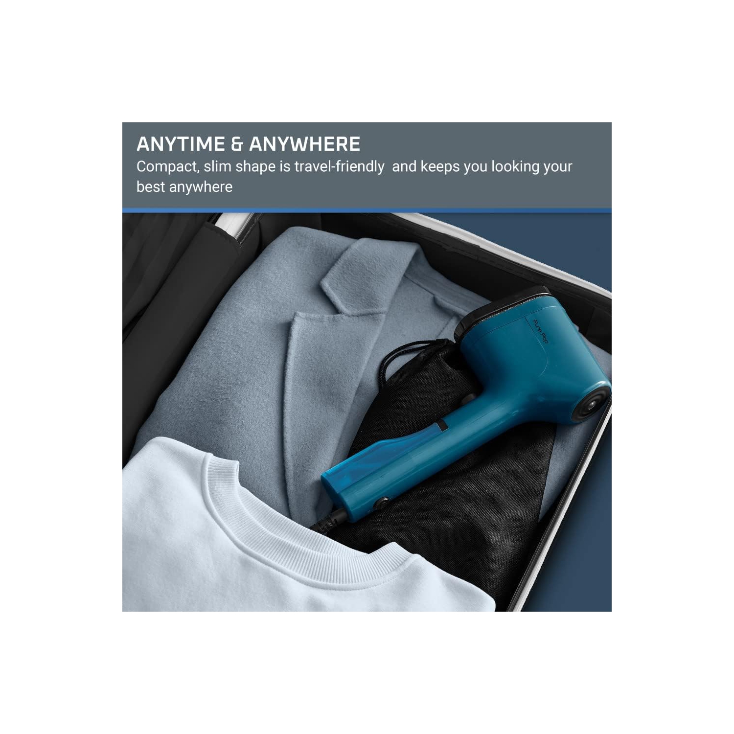 Rowenta Pure Pop Handheld Garment Steamer, 1150W, 2.3 oz Capacity, 15 Sec Heat-up, Portable, Blue
