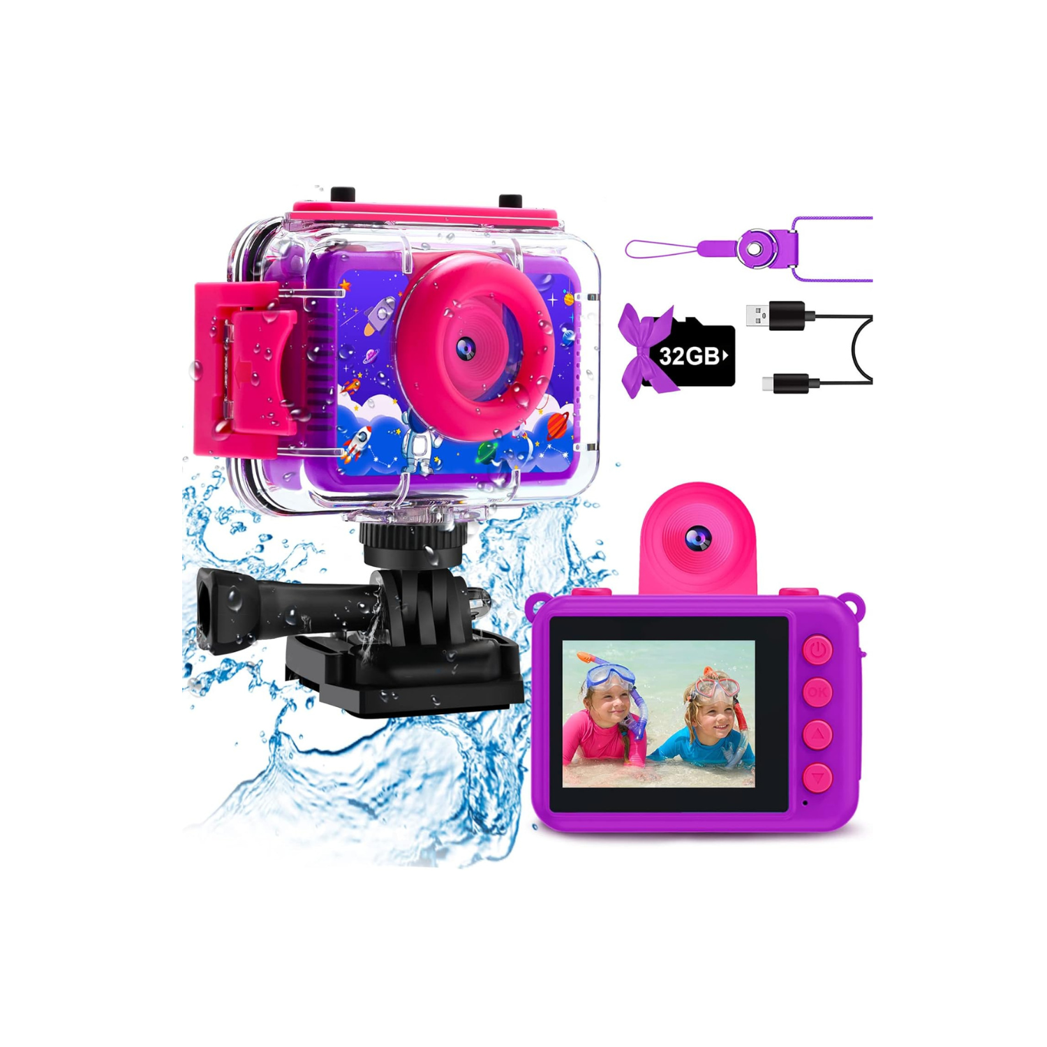 GKTZ Kids Waterproof Camera - Underwater Camera Birthday Gifts for Girls Boys Children Digital Action Camera with 32GB SD Card, Pool Toys for Kids