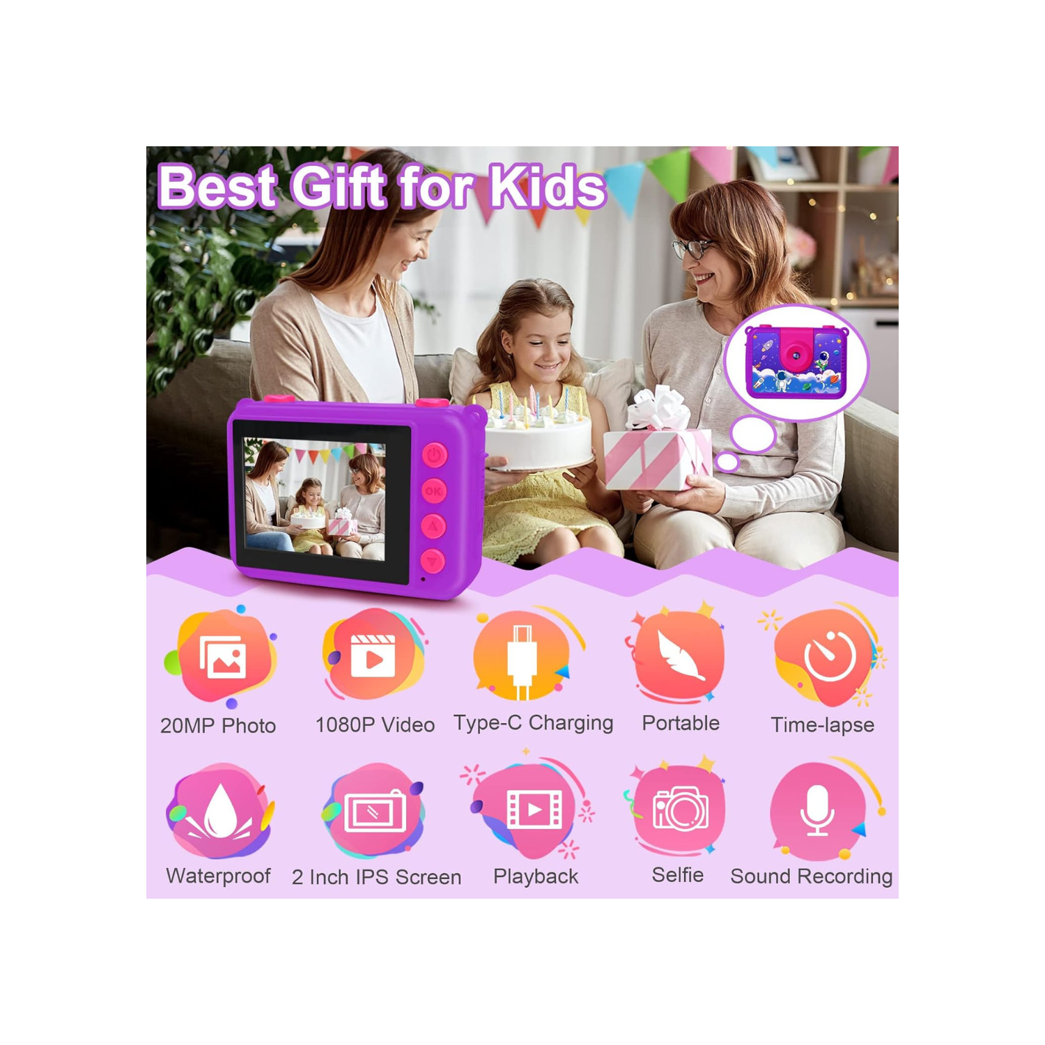 GKTZ Kids Waterproof Camera - Underwater Camera Birthday Gifts for Girls Boys Children Digital Action Camera with 32GB SD Card, Pool Toys for Kids