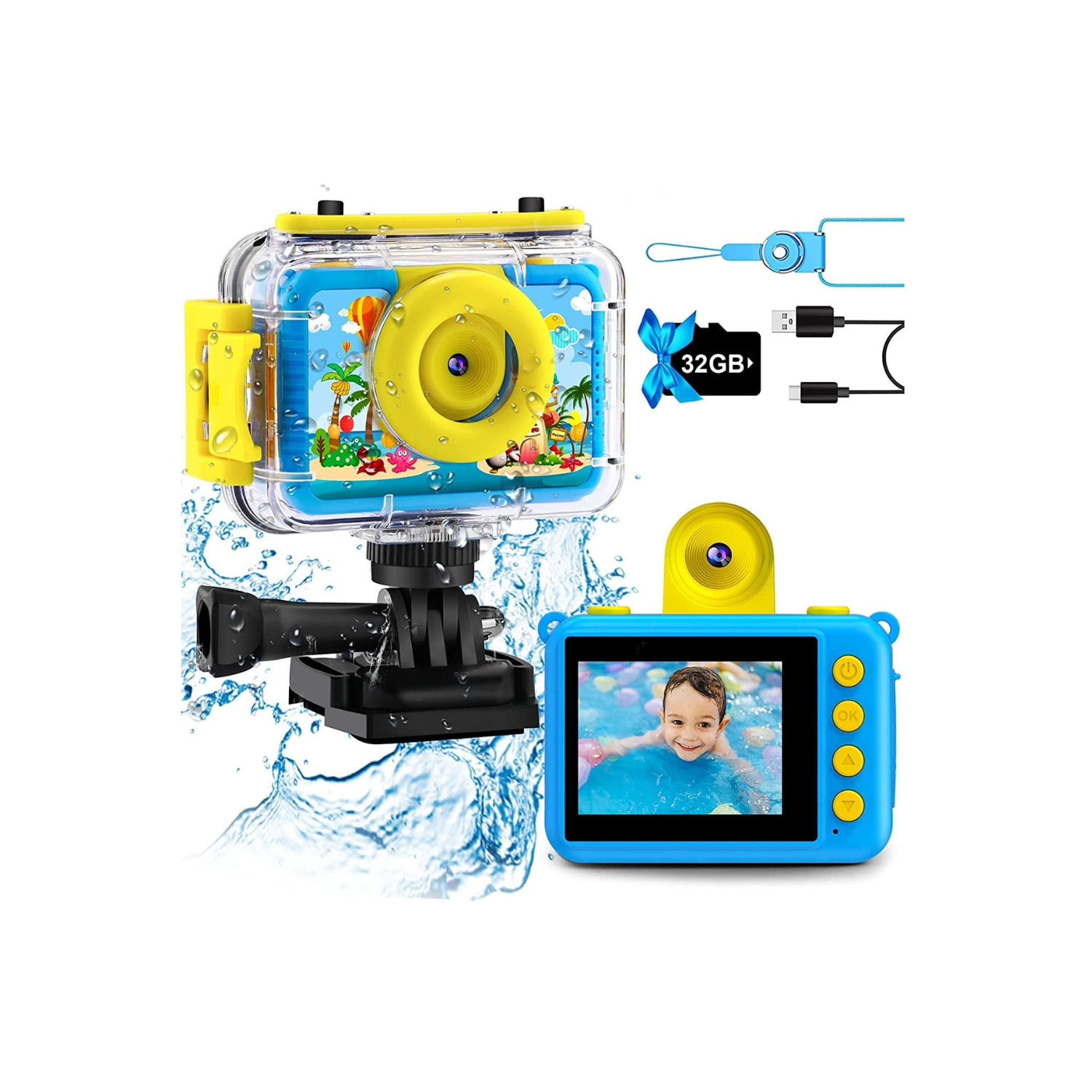 GKTZ Kids Waterproof Camera - Underwater Camera Birthday Gifts for Girls Boys Children Digital Action Camera with 32GB SD Card, Pool Toys for Kids