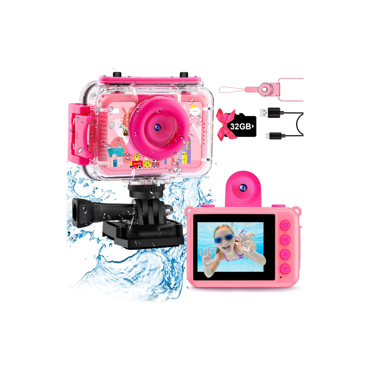 GKTZ Kids Waterproof Camera - Underwater Camera Birthday Gifts for Girls Boys Children Digital Action Camera with 32GB SD Card, Pool Toys for Kids Age 4 5 6 7 8 10