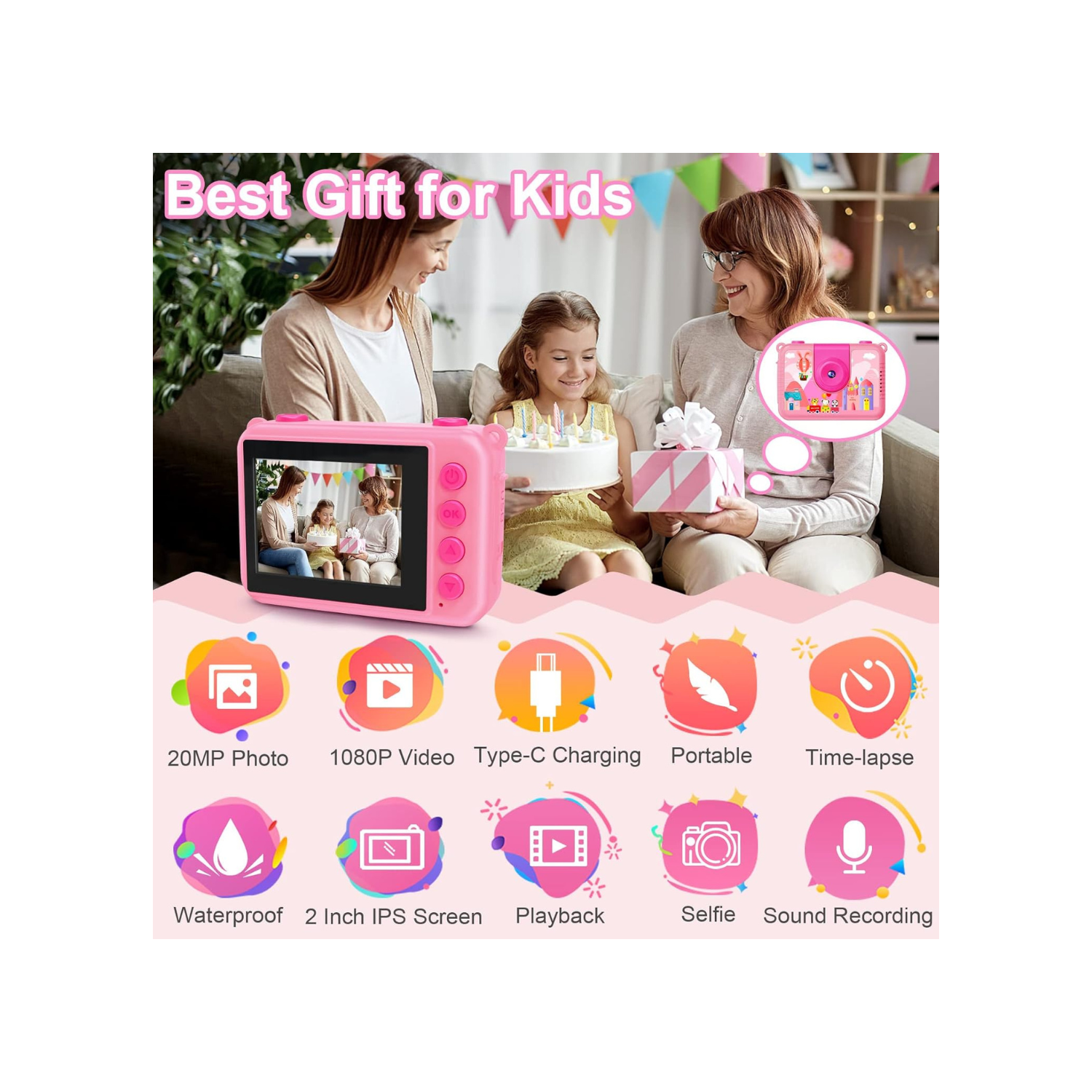 GKTZ Kids Waterproof Camera - Underwater Camera Birthday Gifts for Girls Boys Children Digital Action Camera with 32GB SD Card, Pool Toys for Kids