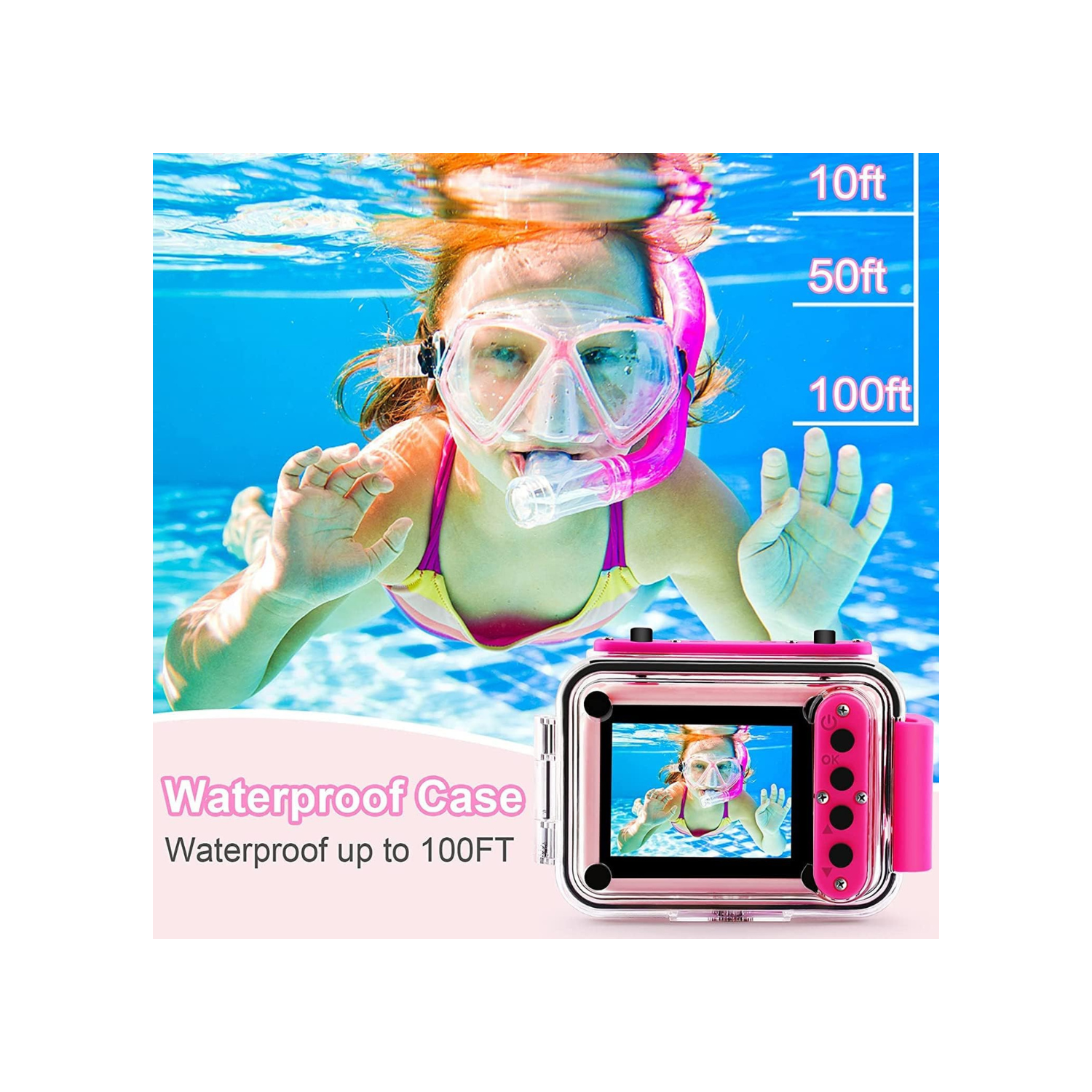 GKTZ Kids Waterproof Camera - Underwater Camera Birthday Gifts for Girls Boys Children Digital Action Camera with 32GB SD Card, Pool Toys for Kids