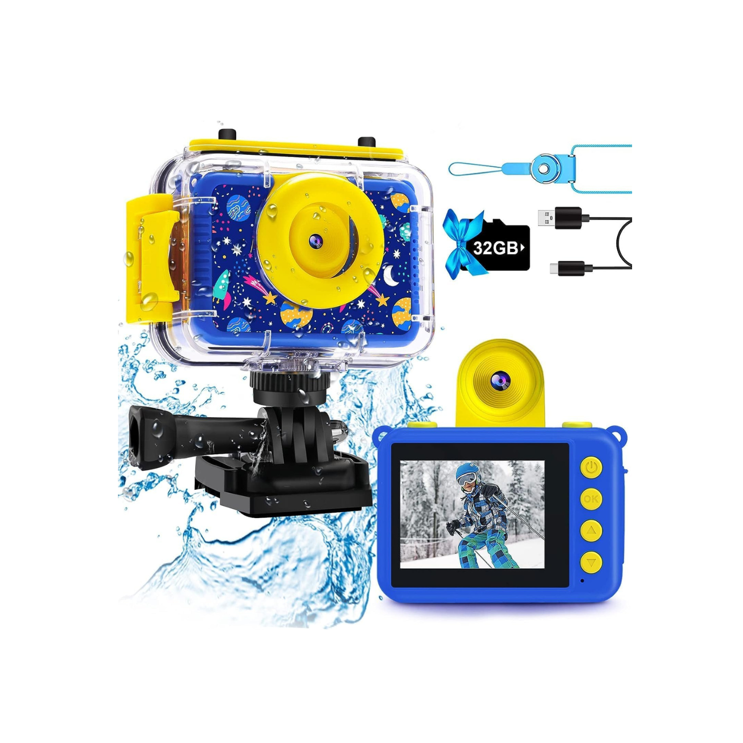GKTZ Kids Waterproof Camera - Underwater Camera Birthday Gifts for Girls Boys Children Digital Action Camera with 32GB SD Card, Pool Toys for Kids Age 4 5 6 7 8 10