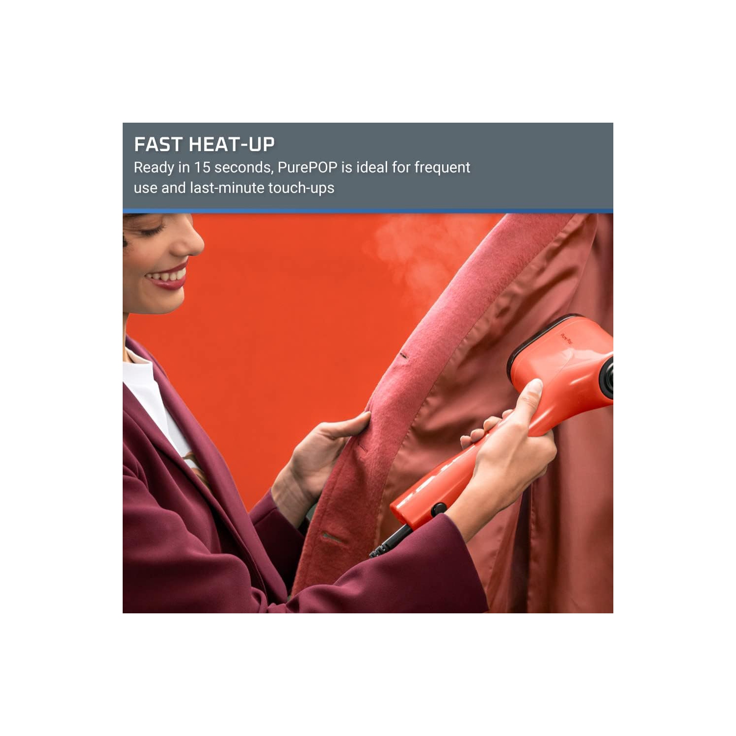 Rowenta Pure Pop Handheld Garment Steamer, 1150W, 15 Sec Heat-up, Red Coral, Reversible Steam Pad