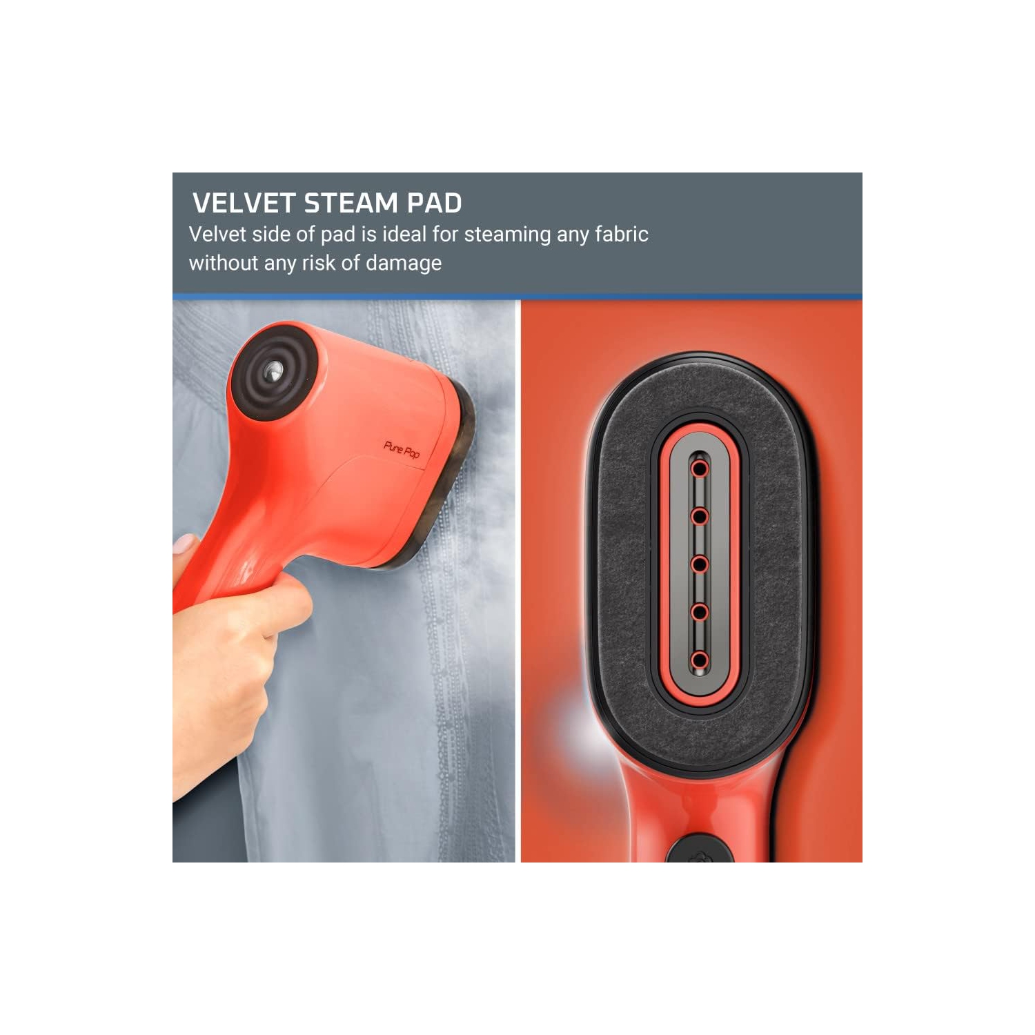 Rowenta Pure Pop Handheld Garment Steamer, 1150W, 15 Sec Heat-up, Red Coral, Reversible Steam Pad