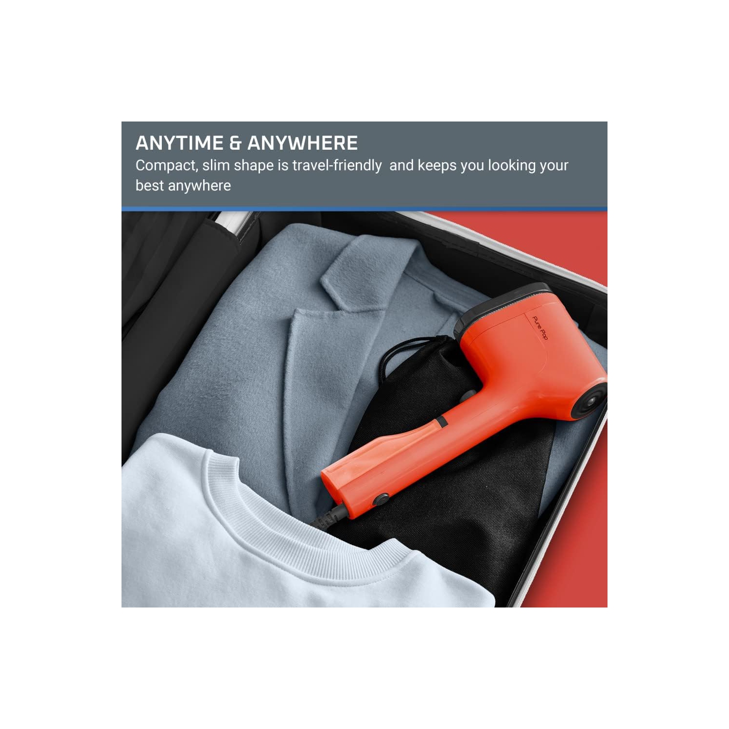 Rowenta Pure Pop Handheld Garment Steamer, 1150W, 15 Sec Heat-up, Red Coral, Reversible Steam Pad