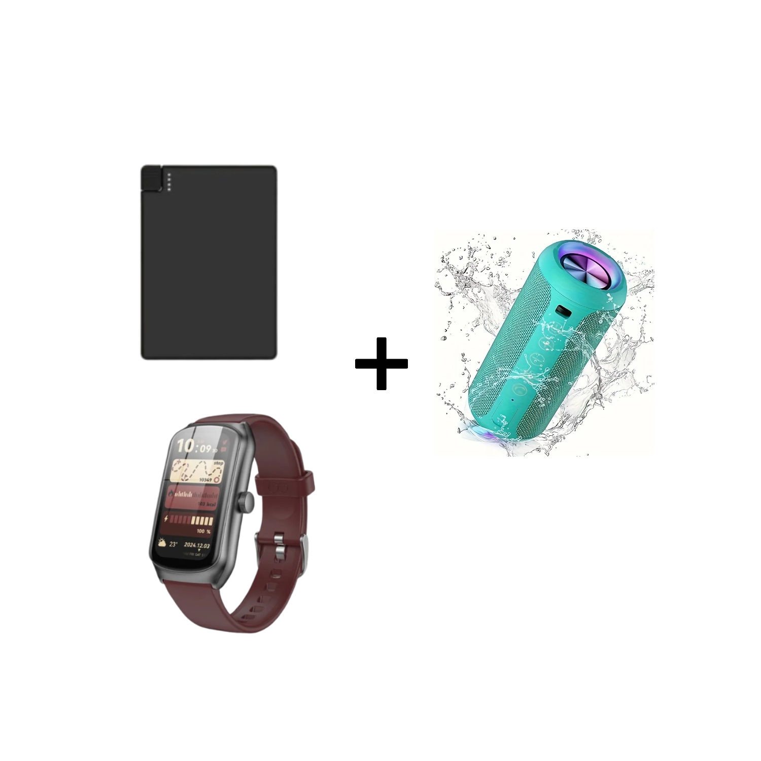 Red Smart Watch with HD Touch Screen, 2500mAh Slim Power Bank with Built-In Lightning Cable, and 24W Waterproof Wireless Speaker with RGB Lights