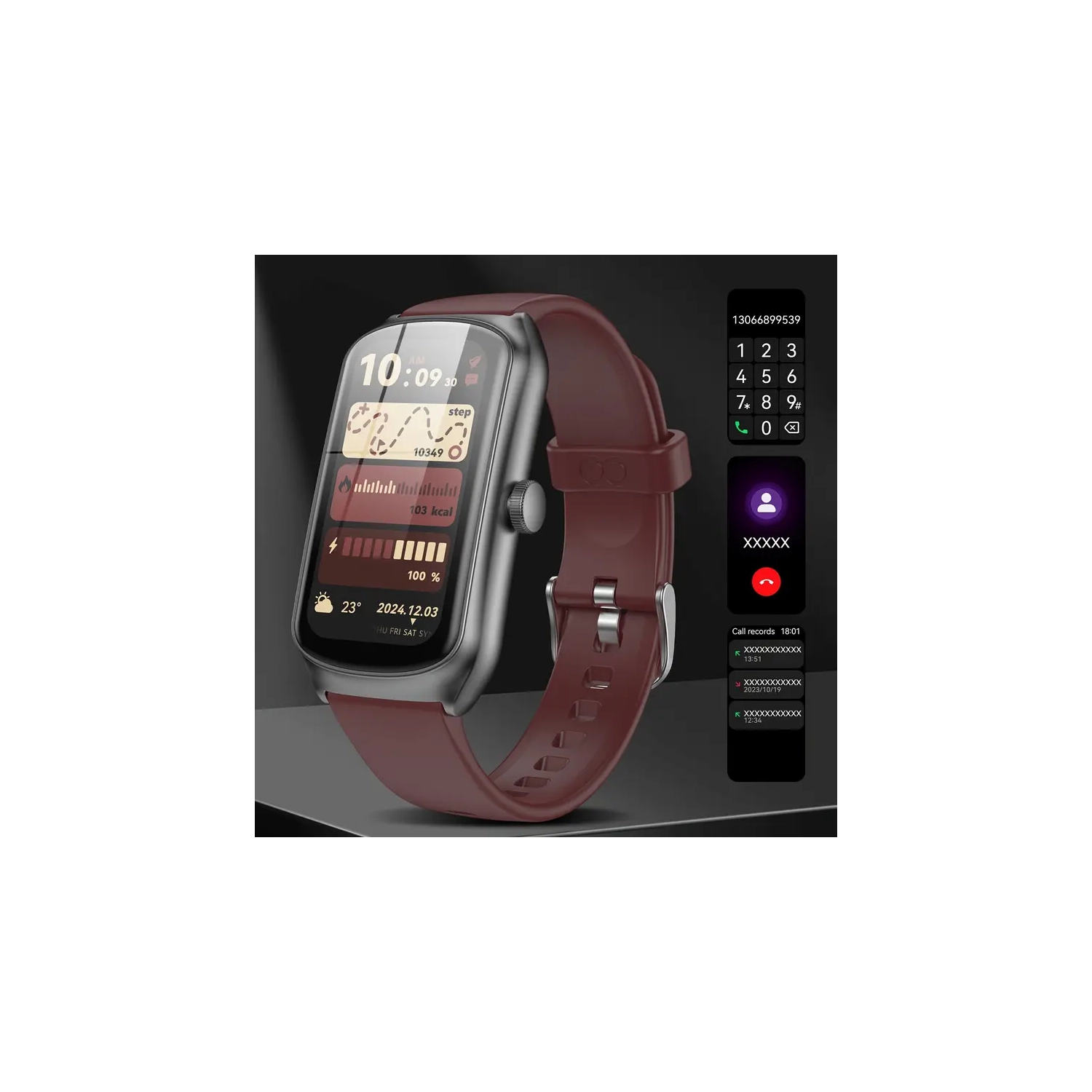 Red Smart Watch with HD Touch Screen, 2500mAh Slim Power Bank with Built-In Lightning Cable, and 24W Waterproof Wireless Speaker with RGB Lights