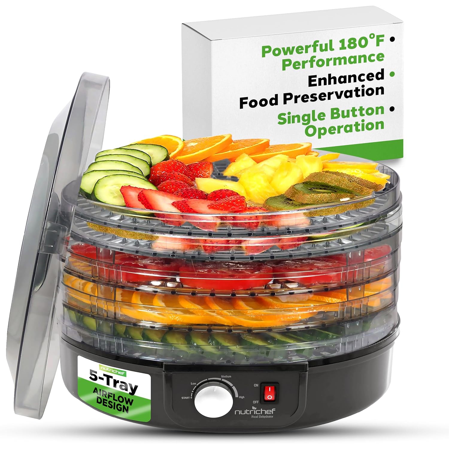 NutriChef Electric Food Dehydrator with 5 Stackable Trays, 180°F Max Temp, for Meat, Fruit, Vegetables, and More