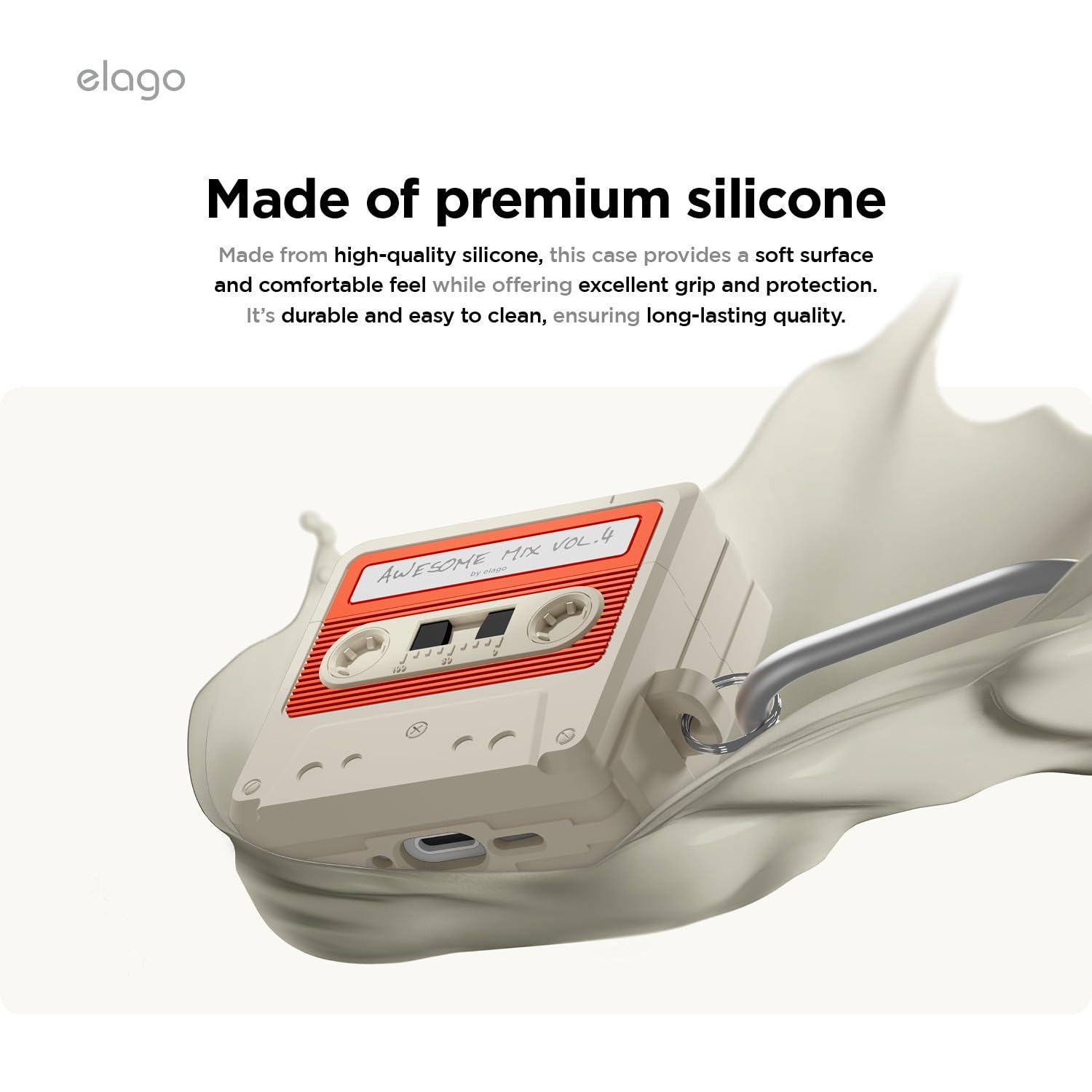 elago Cassette Tape Case Compatible with AirPods 4 Case - Carabiner Included, Supports Wireless Charging, Shock Resistant, Full Protection, Headphone