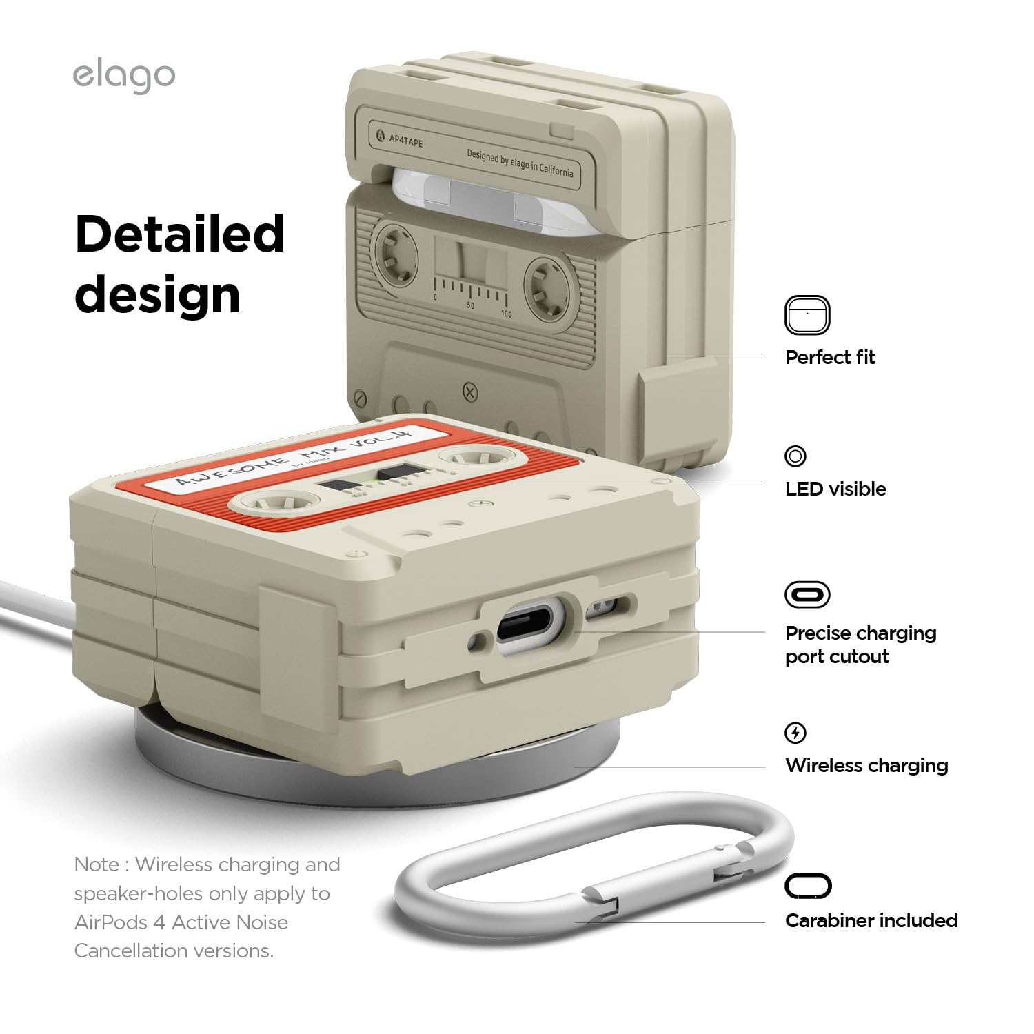 elago Cassette Tape Case Compatible with AirPods 4 Case - Carabiner Included, Supports Wireless Charging, Shock Resistant, Full Protection, Headphone