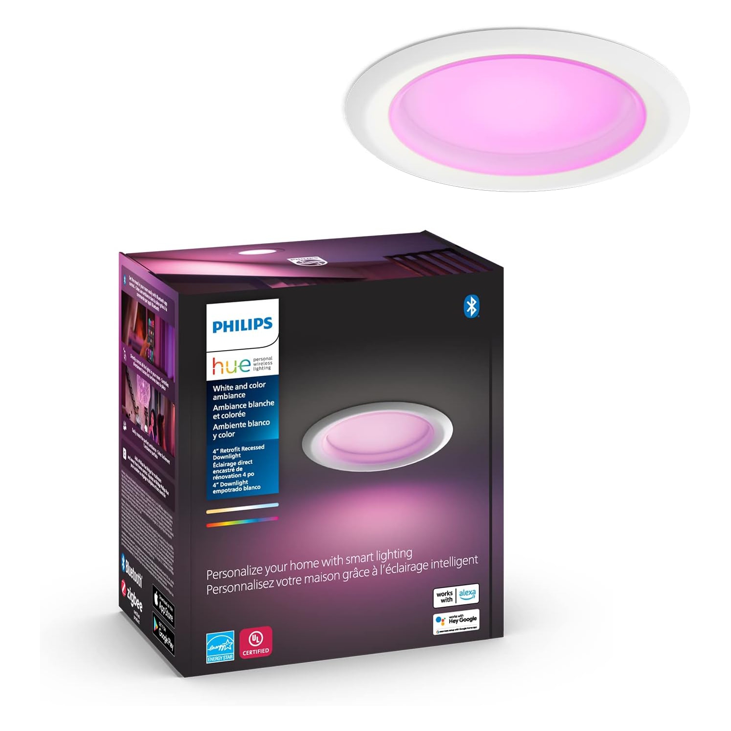 Philips Hue White and Color Ambiance Extra Bright High Lumen Dimmable LED Smart Retrofit Recessed 4" Downlight Compatible with Amazon Alexa Apple HomeKit and Google Assistant