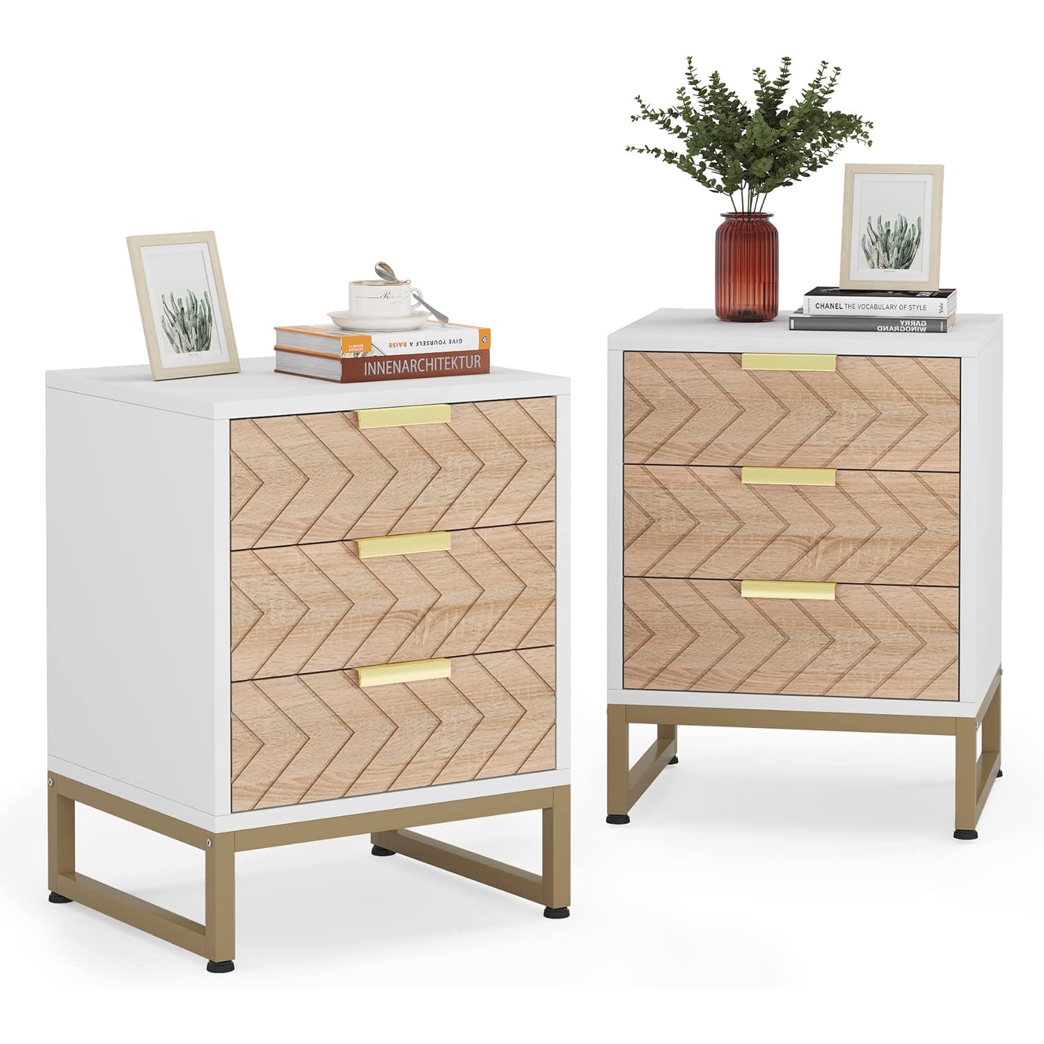 Tribesigns 3 Drawers Nightstand Set of 2, Modern Bedside Table with Unique Chevron Design, White End Side Table