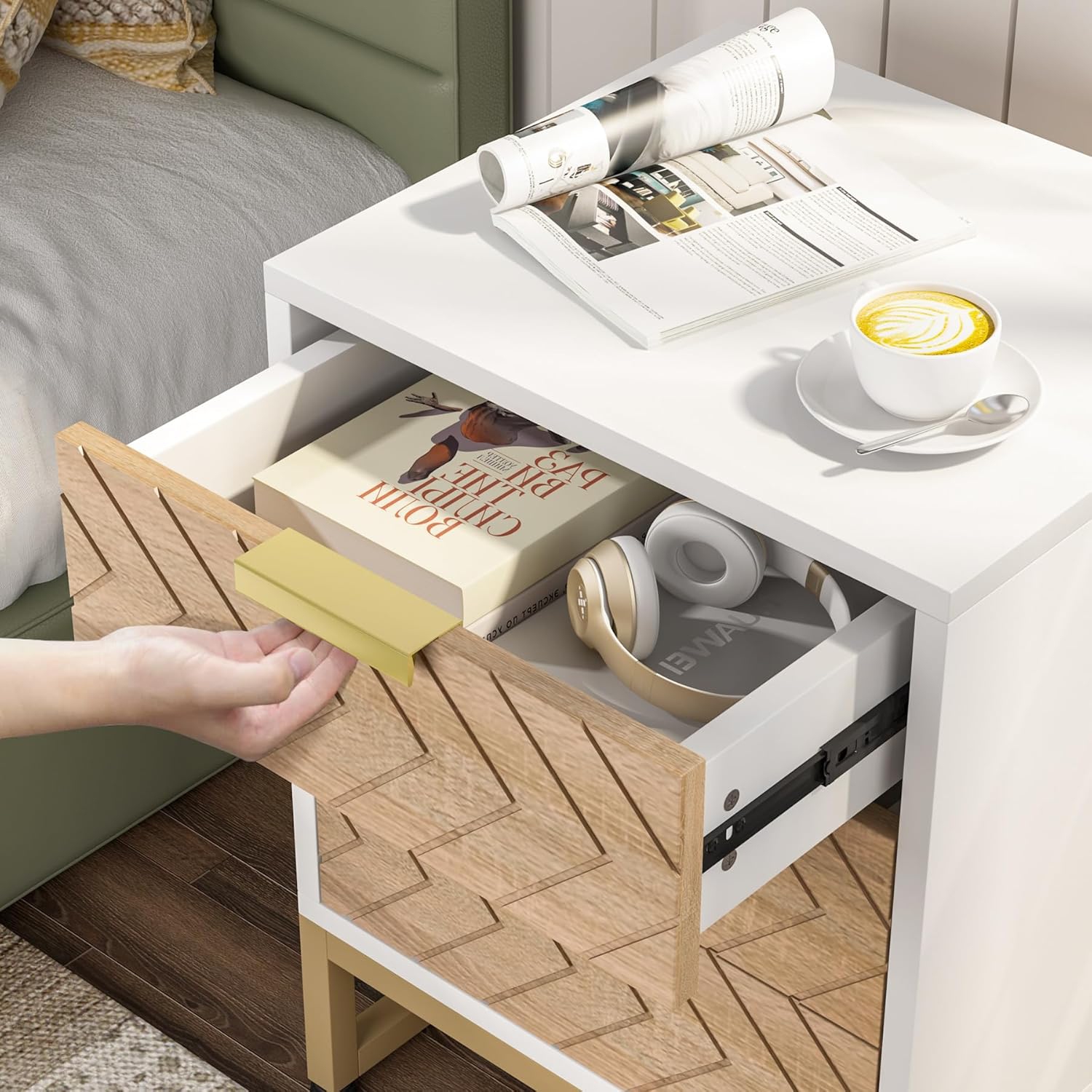 Tribesigns 3 Drawers Nightstand Set of 2, Modern Bedside Table with Unique Chevron Design, White End Side Table