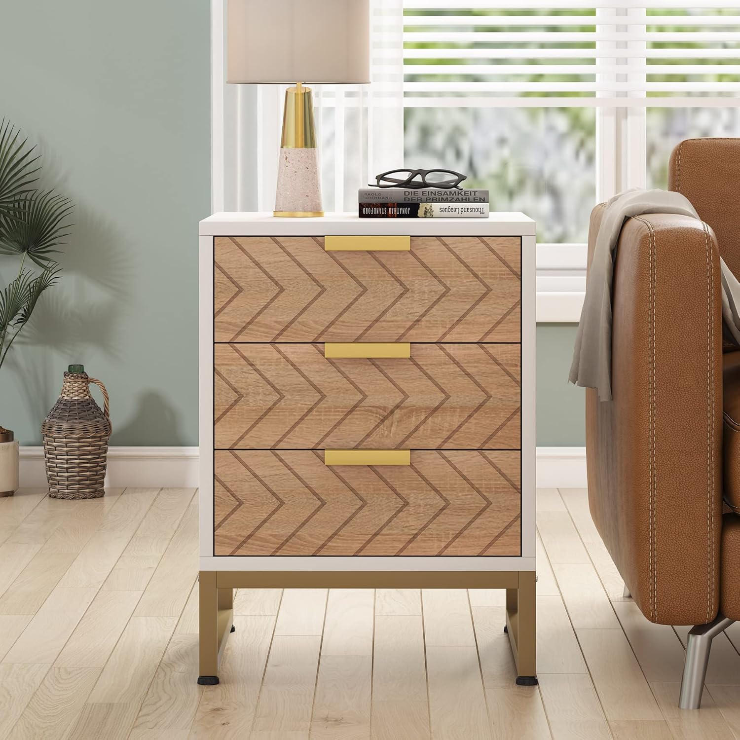 Tribesigns 3 Drawers Nightstand Set of 2, Modern Bedside Table with Unique Chevron Design, White End Side Table