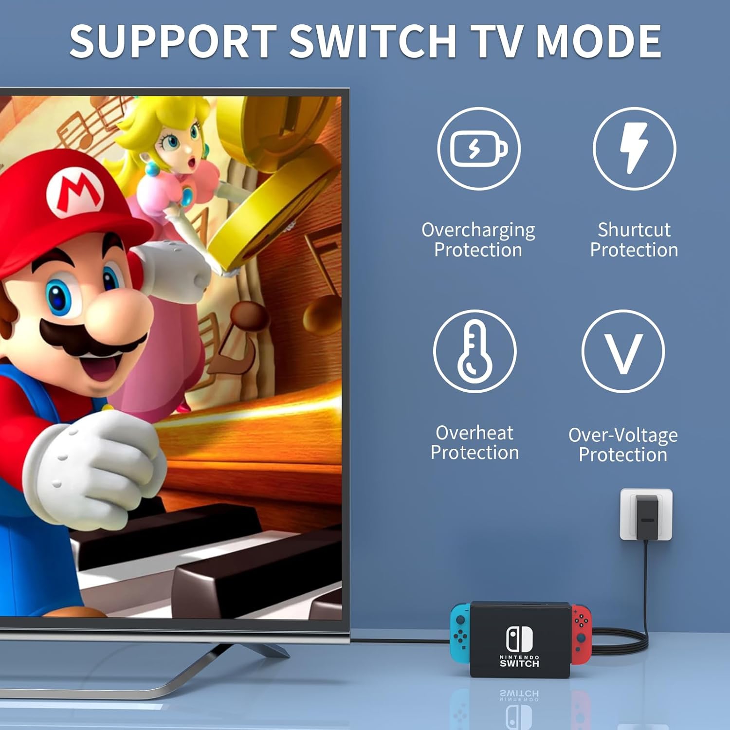 Nintendo Switch Charger, Fast 15V/2.6A AC Adapter – Compatible with Switch OLED & Lite, TV Mode Support, 5FT USB-C Cable, 2.5H Rapid Charging