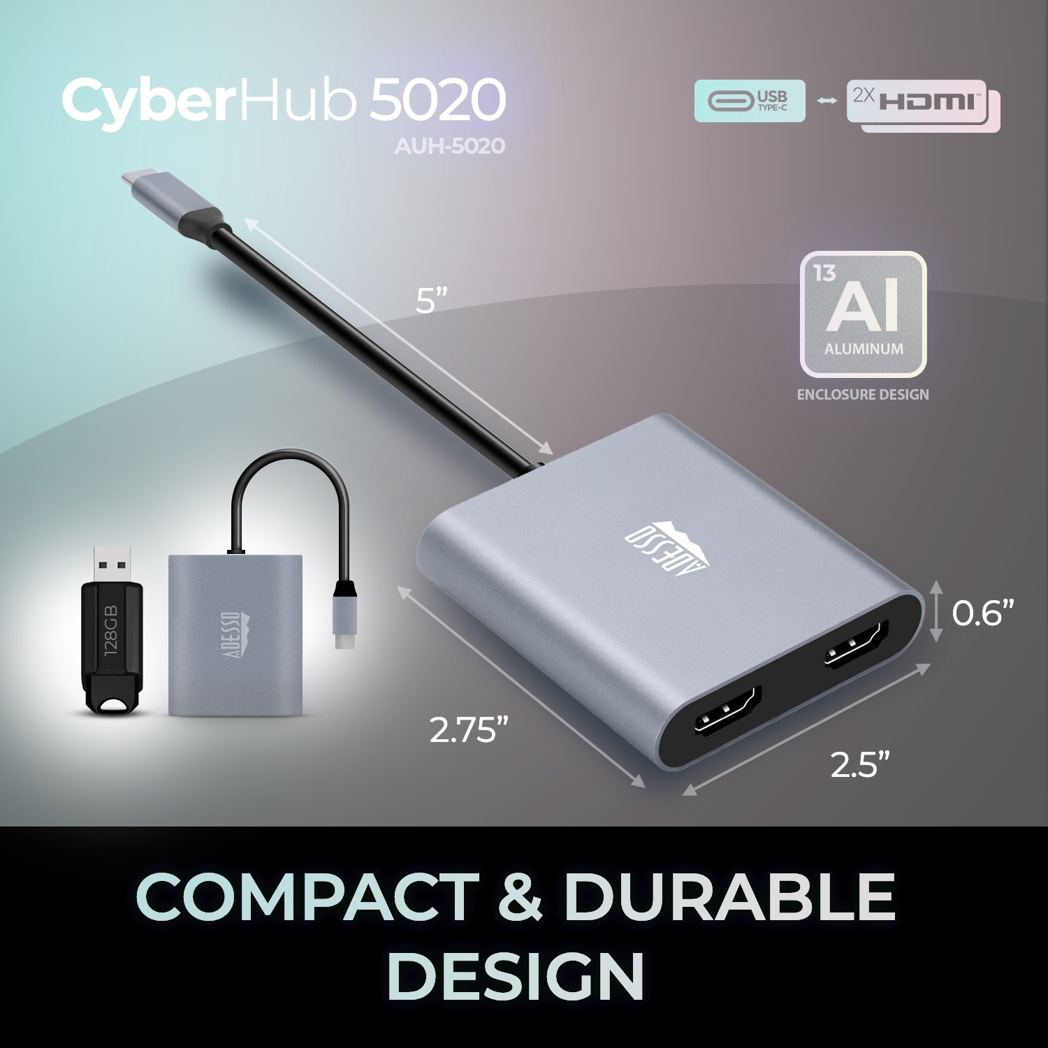 Adesso USB-C to Dual HDMI Adapter, 4K, 60Hz