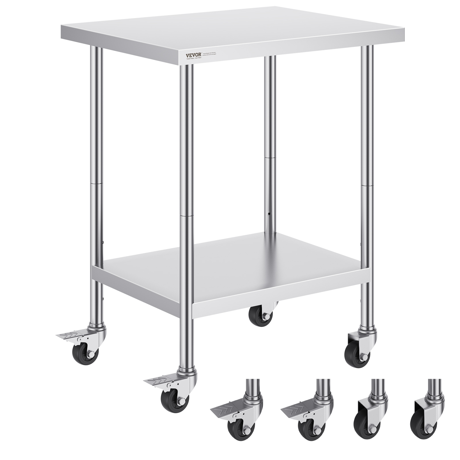 VEVOR 24 x 30 x 38 Inch Stainless Steel Work Table, with 4 Wheels, 3 Adjustable Height Levels, Heavy Duty Food Prep Worktable for Commercial Kitchen