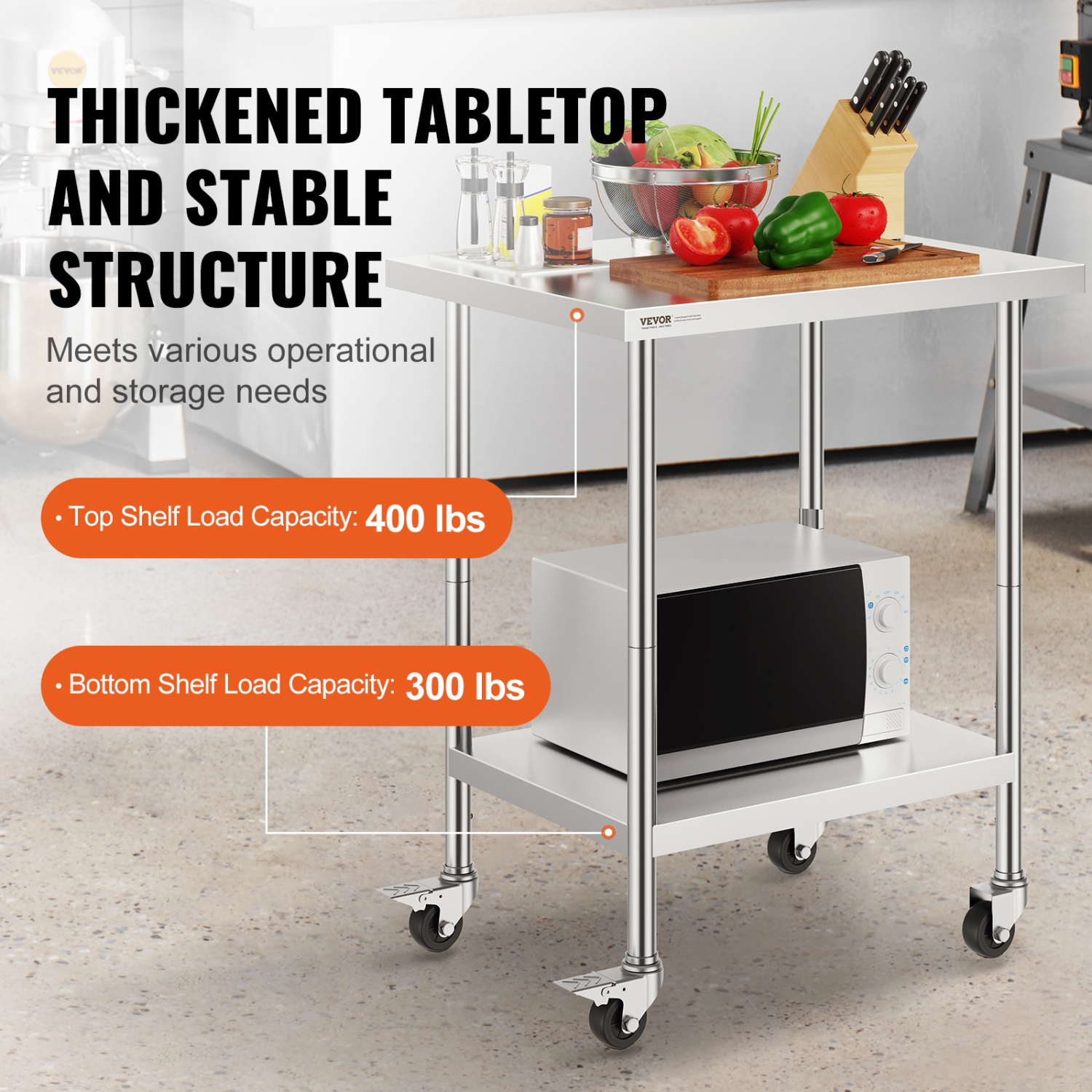 VEVOR 24 x 30 x 38 Inch Stainless Steel Work Table, with 4 Wheels, 3 Adjustable Height Levels, Heavy Duty Food Prep Worktable for Commercial Kitchen