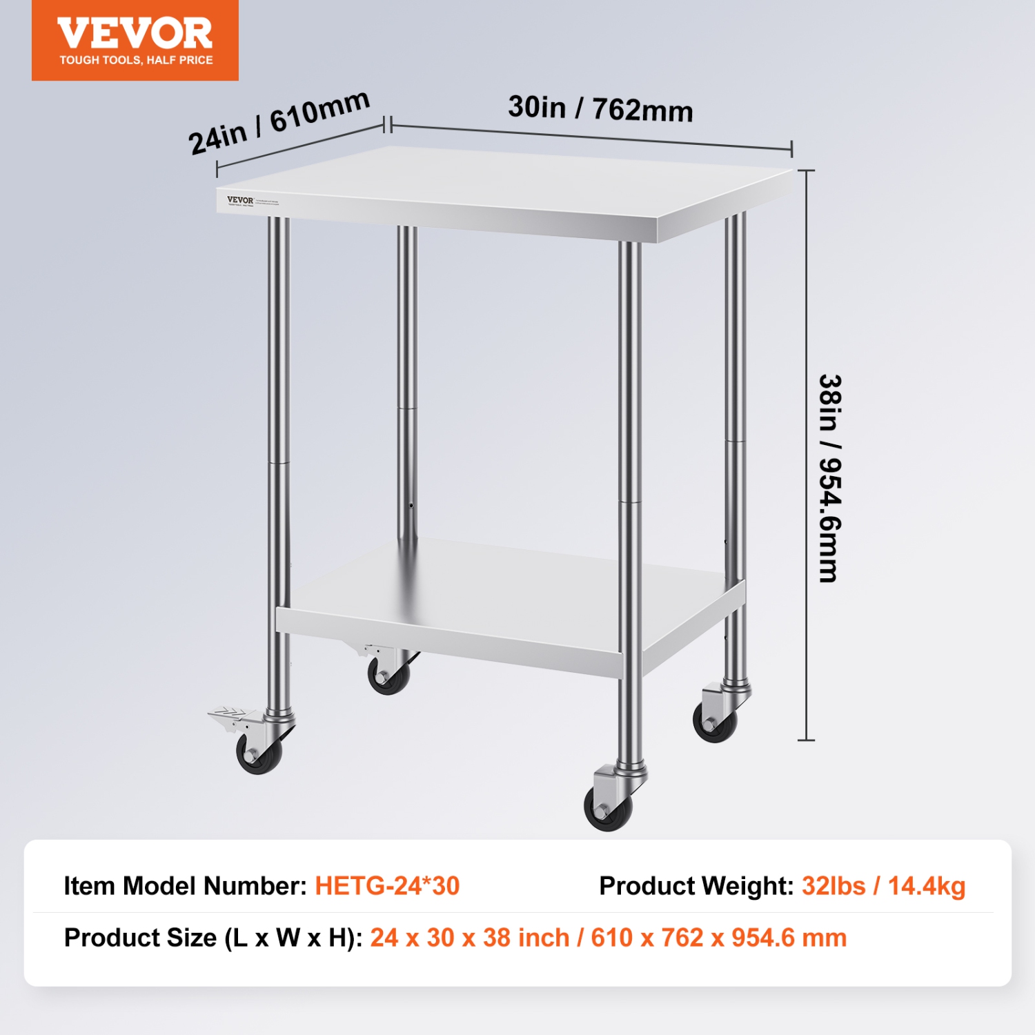 VEVOR 24 x 30 x 38 Inch Stainless Steel Work Table, with 4 Wheels, 3 Adjustable Height Levels, Heavy Duty Food Prep Worktable for Commercial Kitchen