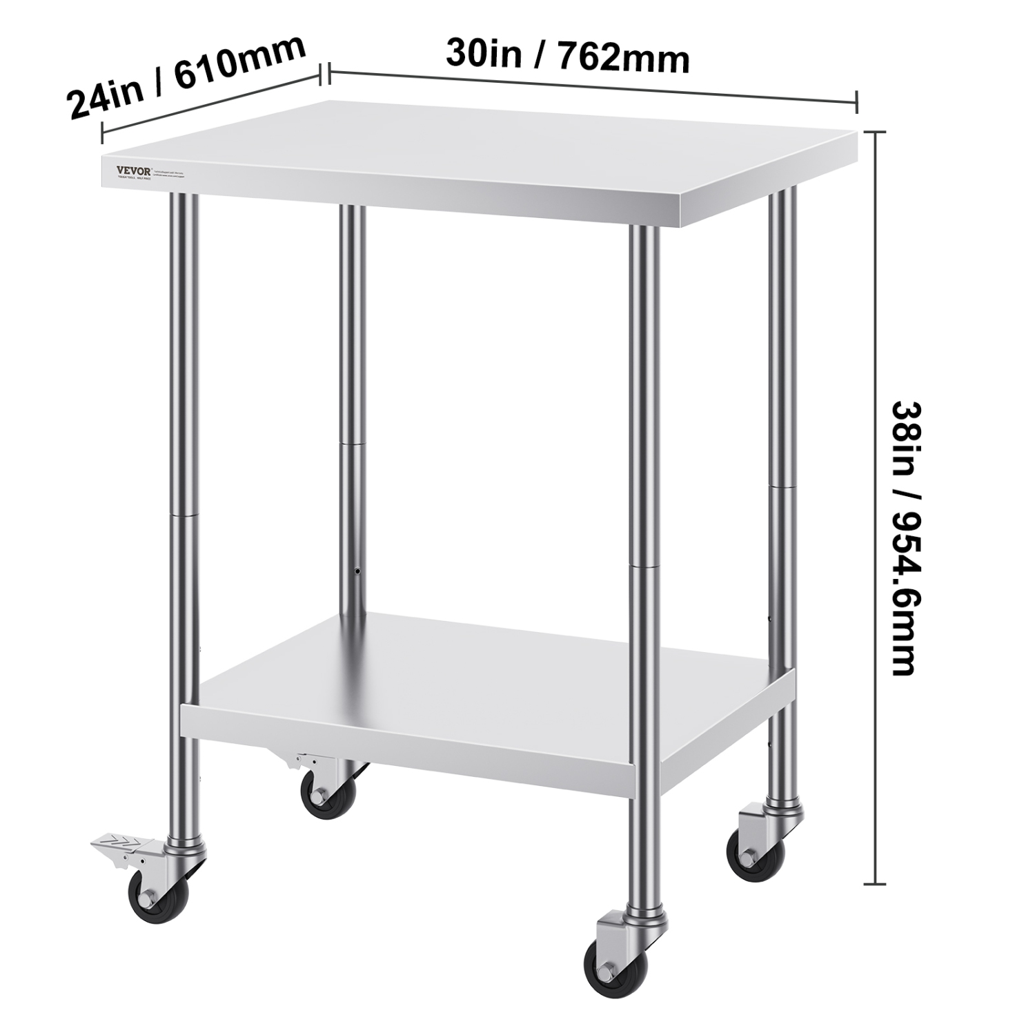 VEVOR 24 x 30 x 38 Inch Stainless Steel Work Table, with 4 Wheels, 3 Adjustable Height Levels, Heavy Duty Food Prep Worktable for Commercial Kitchen