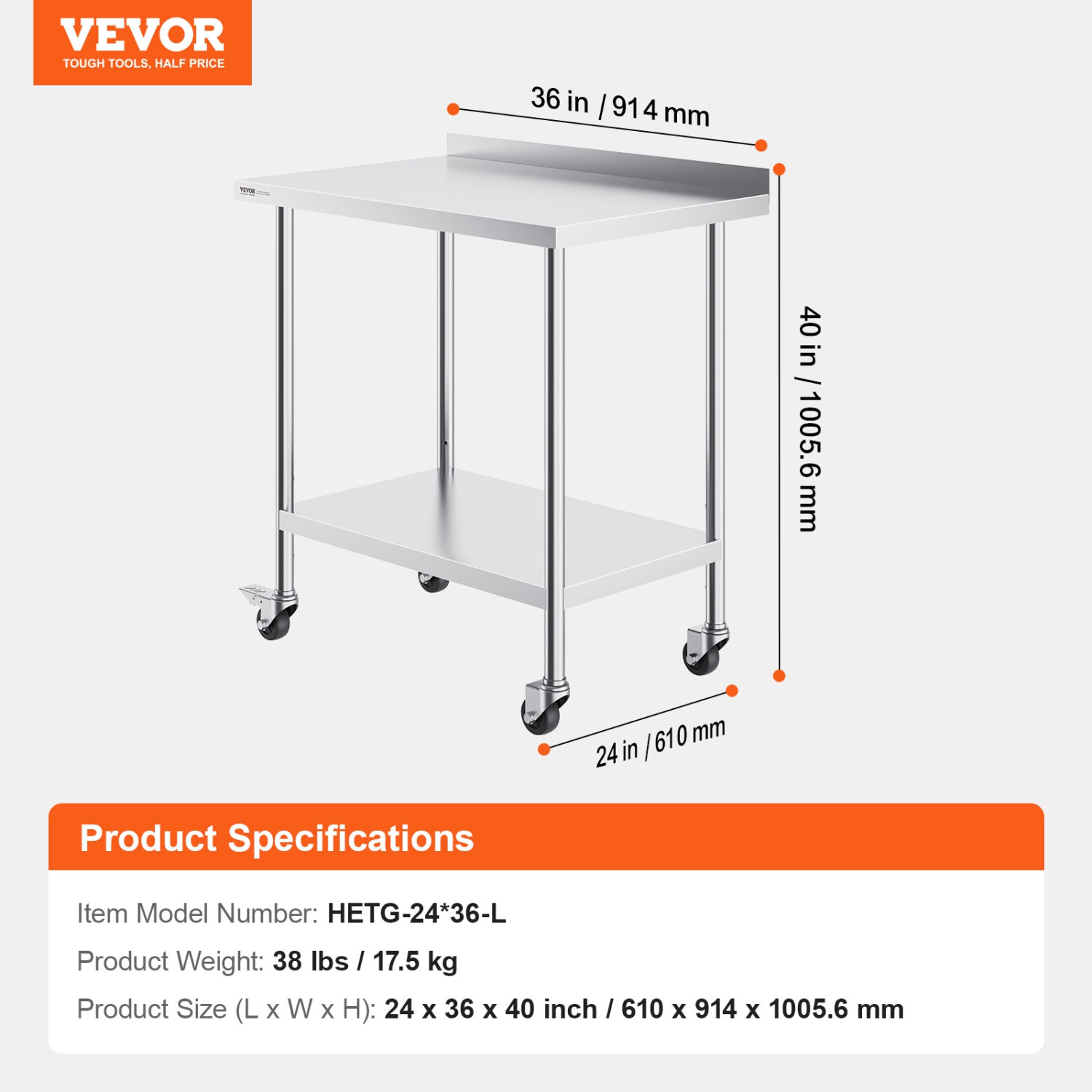 VEVOR 24 x 36 x 40 Inch Stainless Steel Work Table, Commercial Food Prep Worktable with Casters, Heavy Duty Prep Worktable, Metal Work Table with