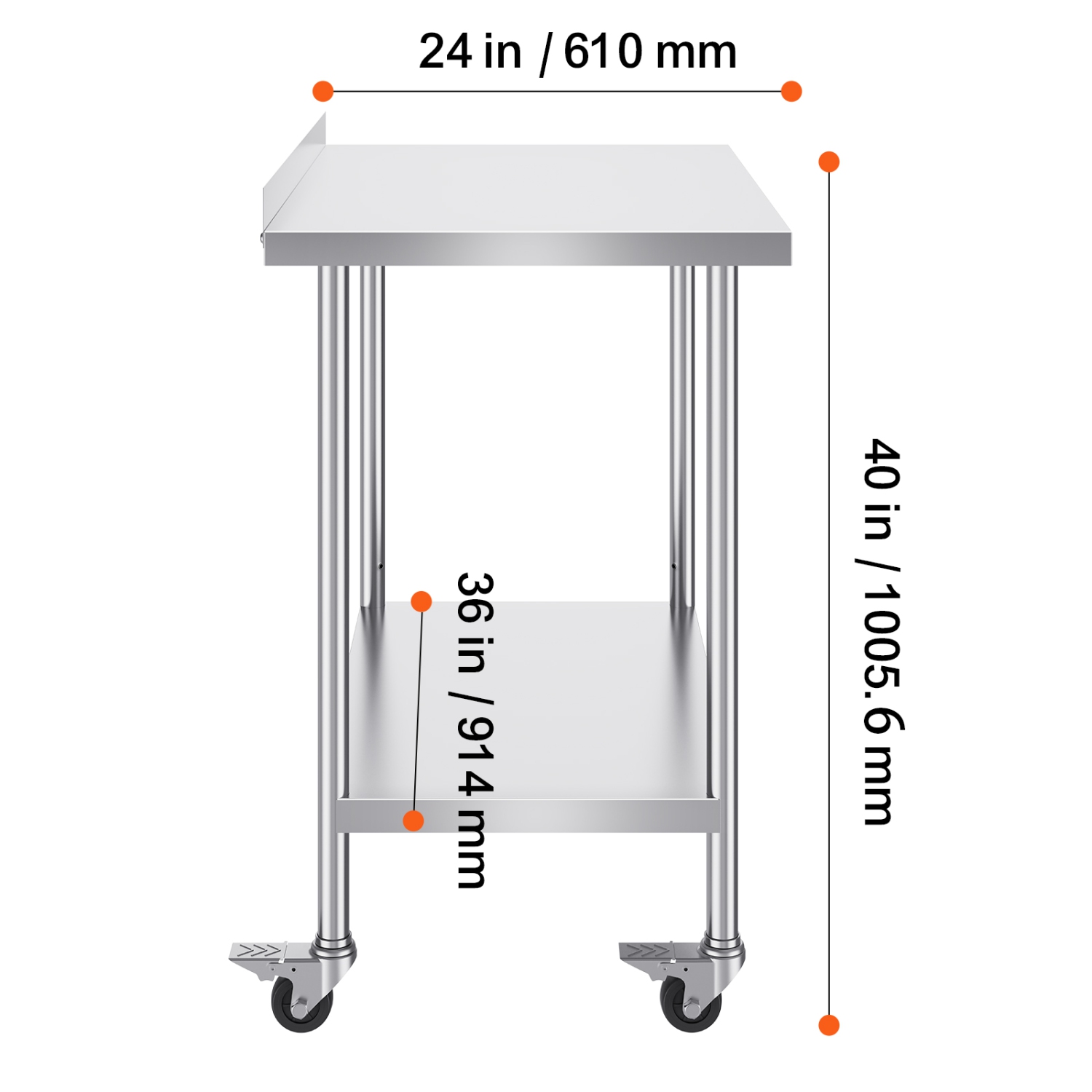 VEVOR 24 x 36 x 40 Inch Stainless Steel Work Table, Commercial Food Prep Worktable with Casters, Heavy Duty Prep Worktable, Metal Work Table with