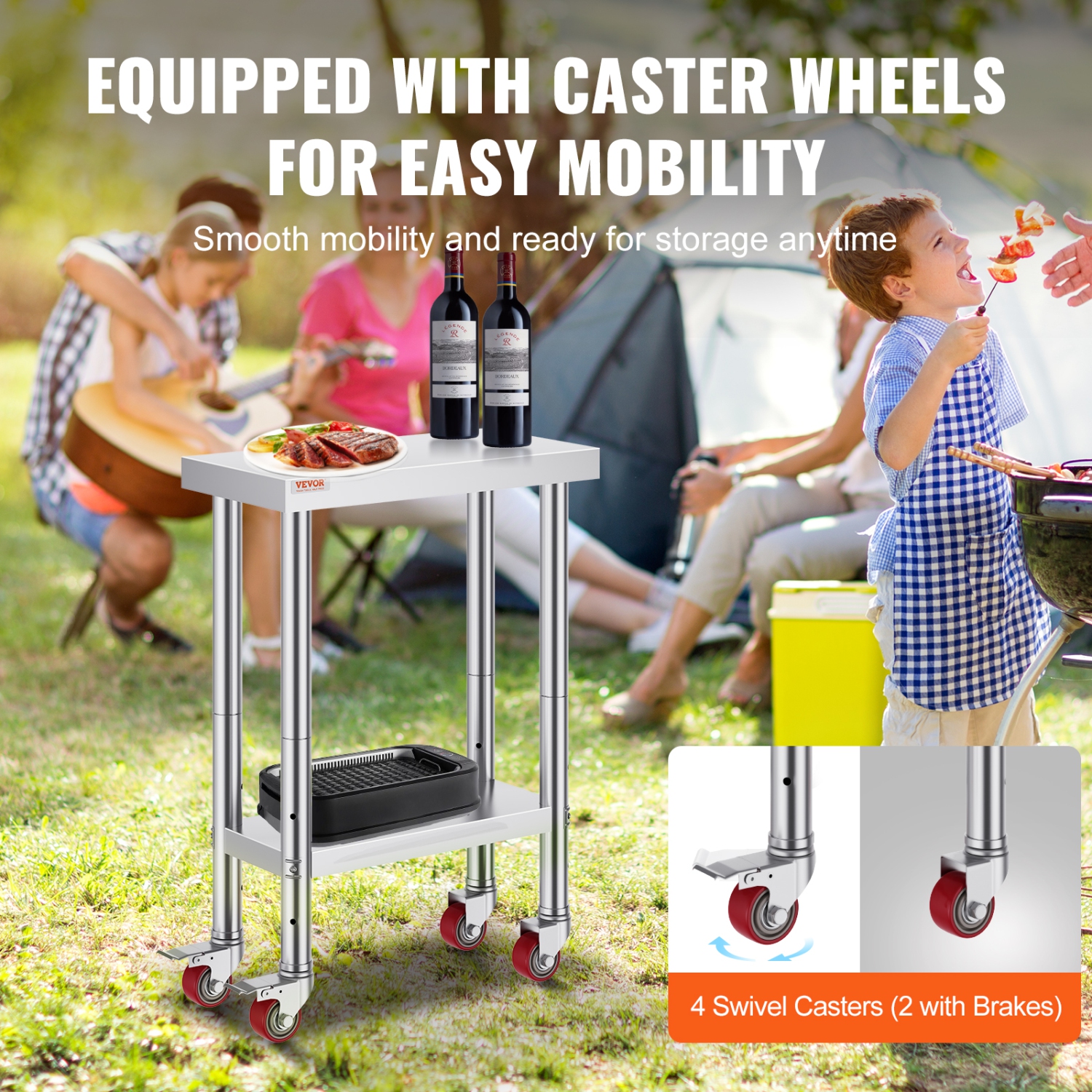 VEVOR 12 x 24 x 34 Inch Stainless Steel Work Table, 700 LBS Load Capacity with 4 Wheels, 3 Adjustable Height Levels, Food Prep Worktable for