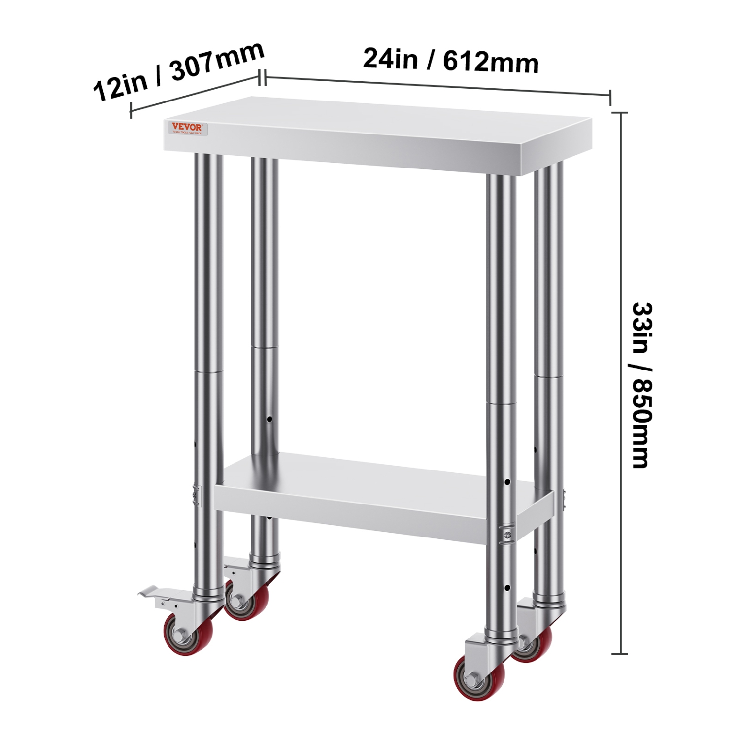 VEVOR 12 x 24 x 34 Inch Stainless Steel Work Table, 700 LBS Load Capacity with 4 Wheels, 3 Adjustable Height Levels, Food Prep Worktable for