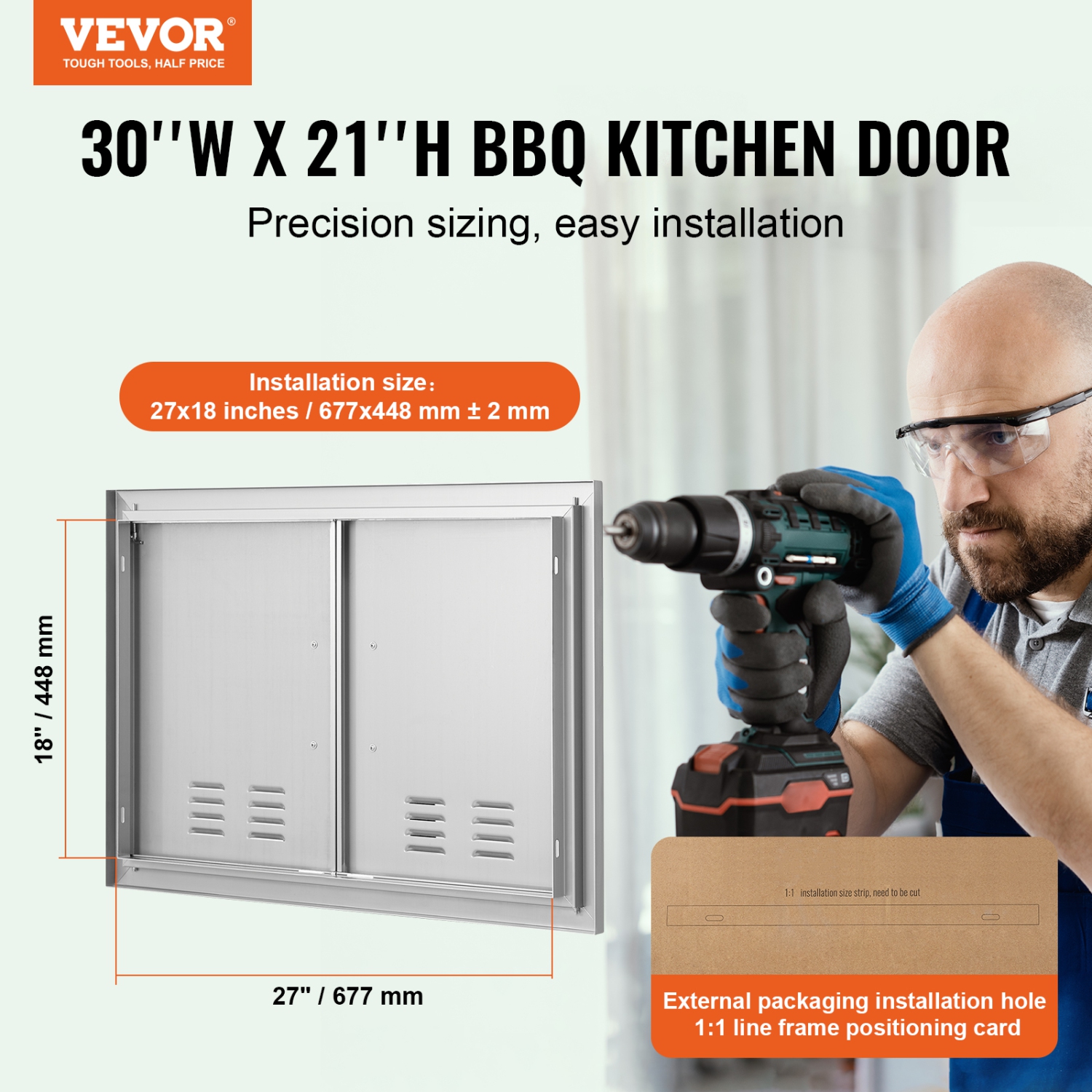 VEVOR 30W x 21H Inch BBQ Access Door, Double Outdoor Kitchen Door, Stainless Steel Flush Mount Door, Wall Vertical Door with Handles and Vents, for