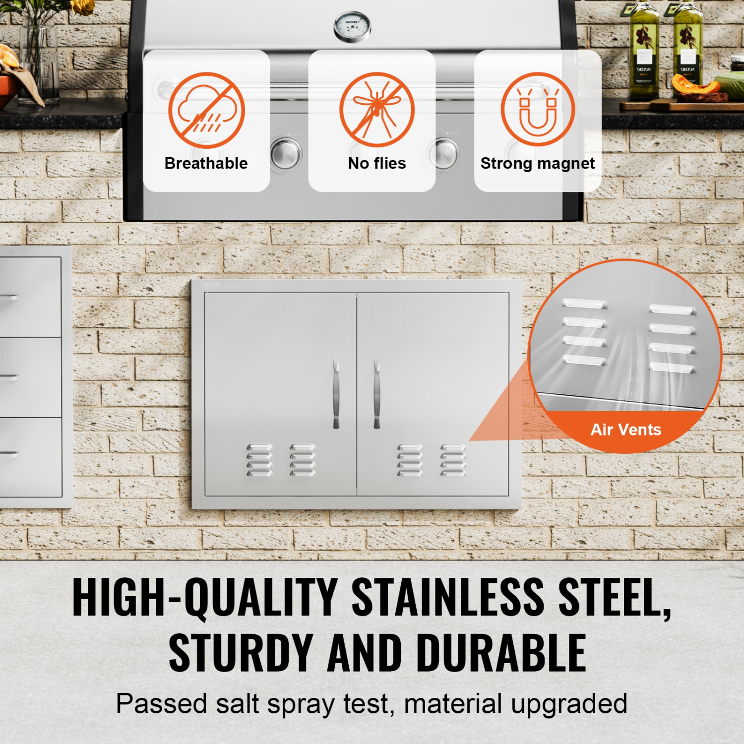 VEVOR 30W x 21H Inch BBQ Access Door, Double Outdoor Kitchen Door, Stainless Steel Flush Mount Door, Wall Vertical Door with Handles and Vents, for
