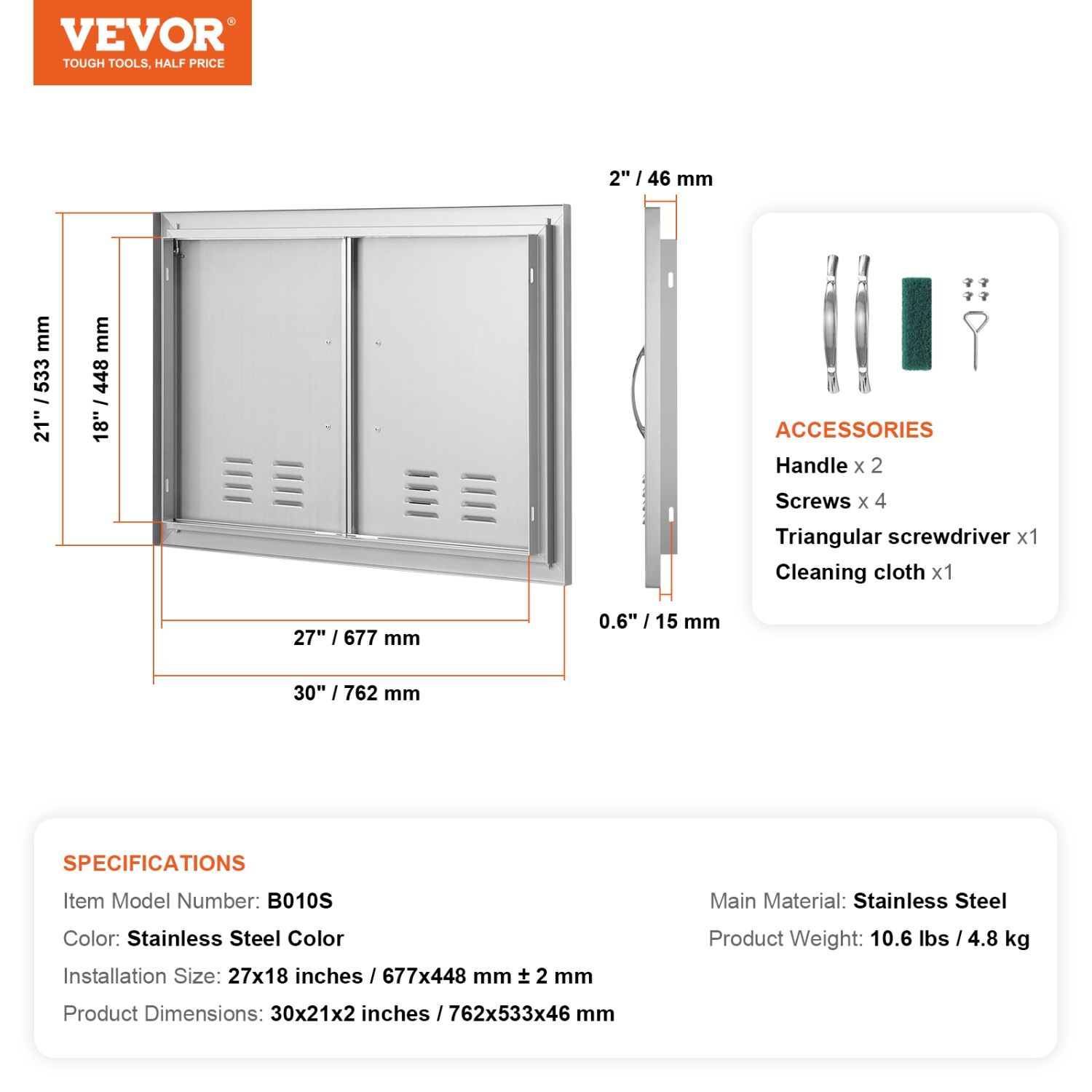 VEVOR 30W x 21H Inch BBQ Access Door, Double Outdoor Kitchen Door, Stainless Steel Flush Mount Door, Wall Vertical Door with Handles and Vents, for
