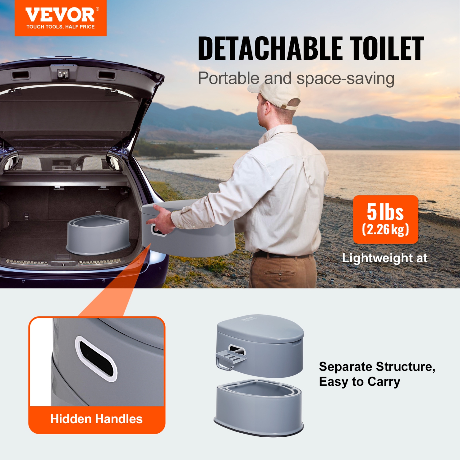 VEVOR 1.3 Gal Portable Toilet for Camping, Porta Potty with Detachable Inner Bucket & Removable Paper Holder, Commode with Dual Lids, Travel Toilet