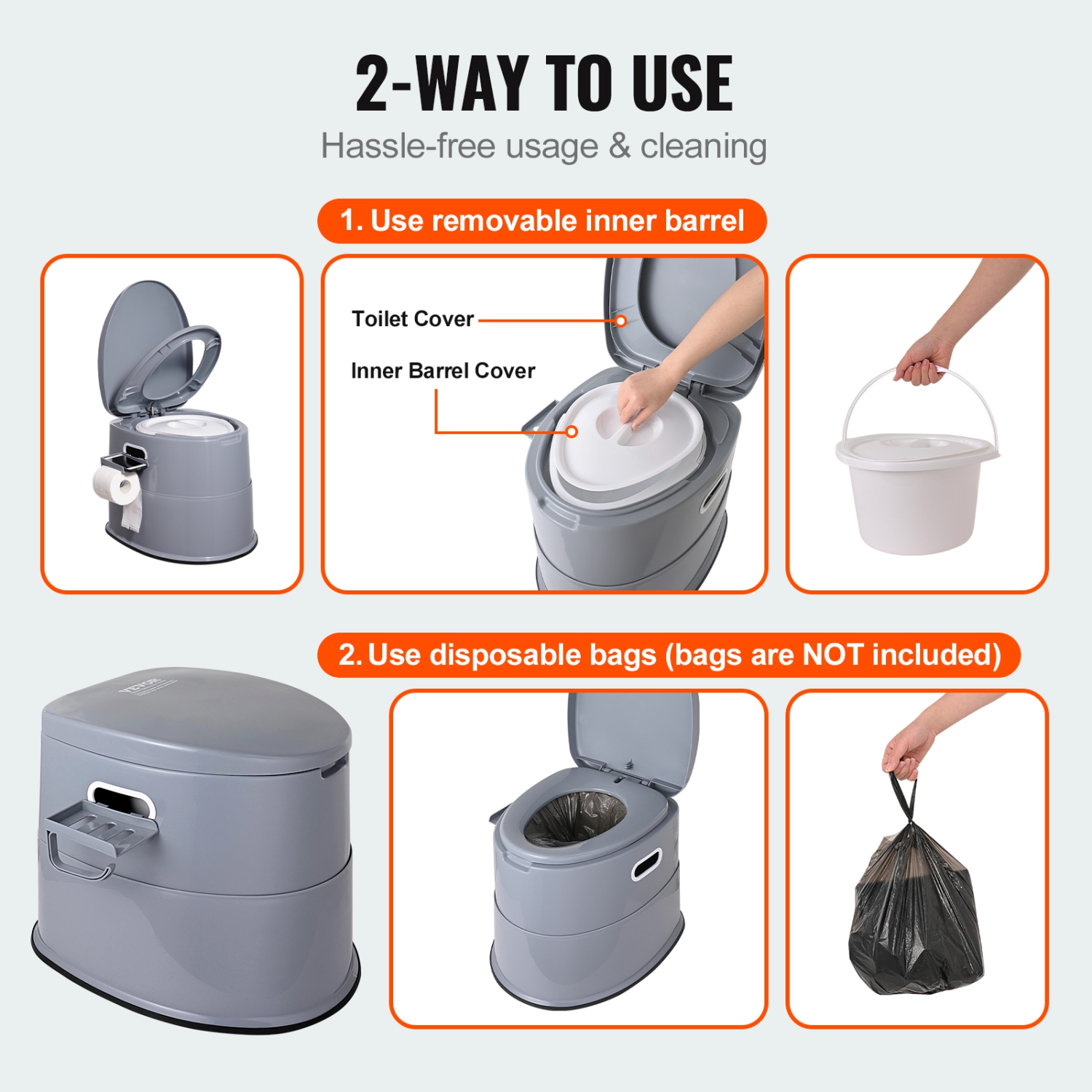 VEVOR 1.3 Gal Portable Toilet for Camping, Porta Potty with Detachable Inner Bucket & Removable Paper Holder, Commode with Dual Lids, Travel Toilet