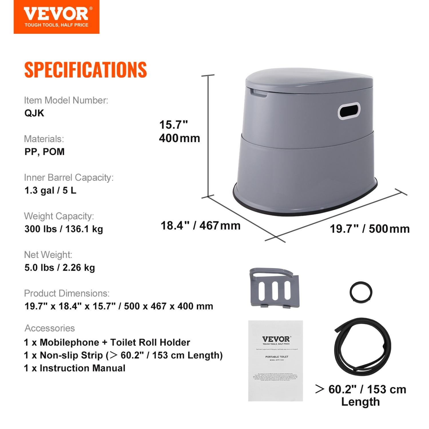 VEVOR 1.3 Gal Portable Toilet for Camping, Porta Potty with Detachable Inner Bucket & Removable Paper Holder, Commode with Dual Lids, Travel Toilet