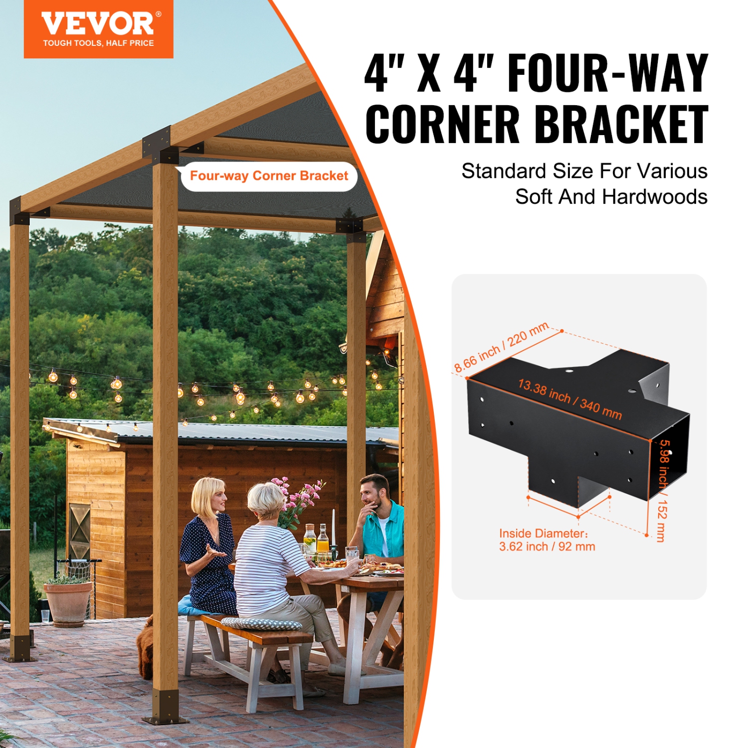 VEVOR 4"x 4"Pergola Bracket Kit(Inner Size 3.6x3.6), 2pcs 4-Way Heavy Duty Corner Bracket Woodworks DIY Post Base Kit, Easy Installation Wooden Beams