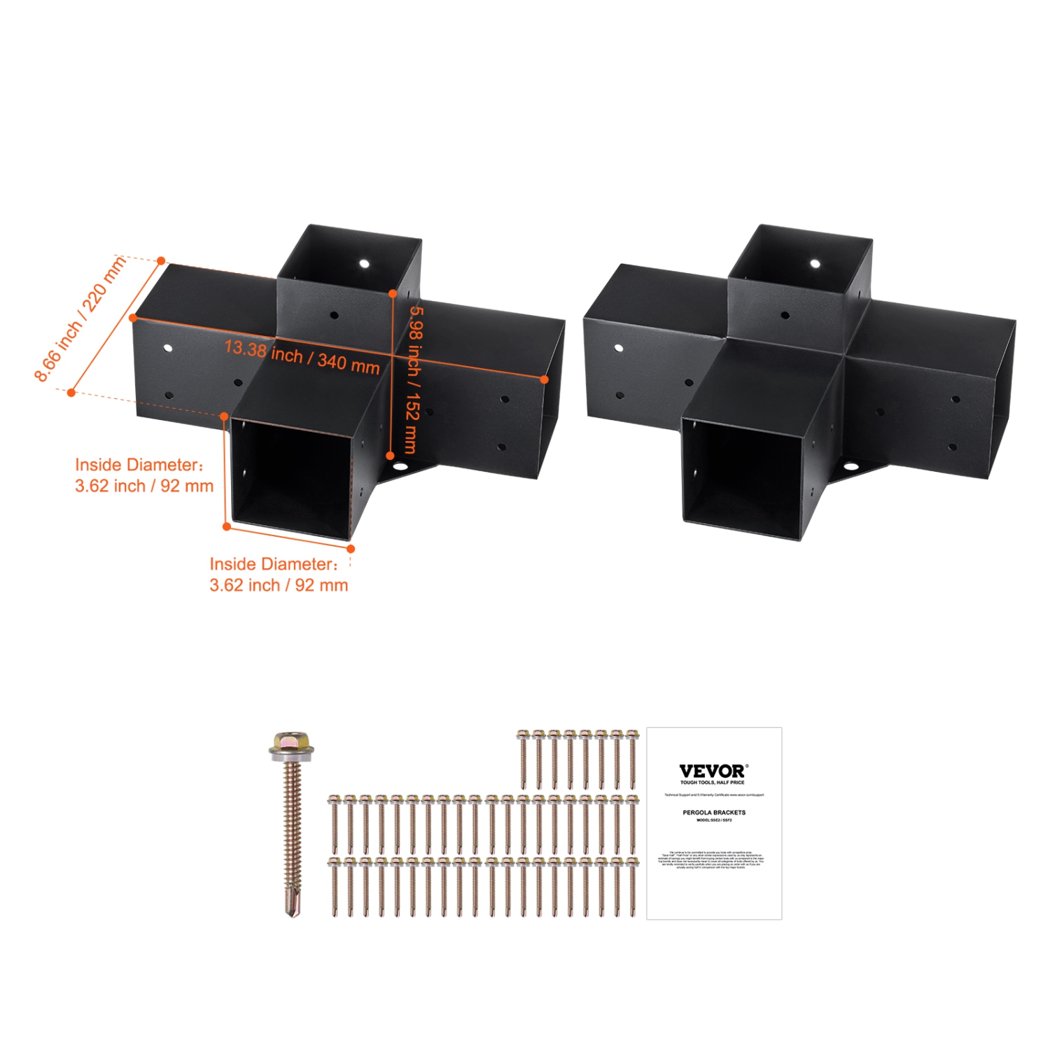 VEVOR 4"x 4"Pergola Bracket Kit(Inner Size 3.6x3.6), 2pcs 4-Way Heavy Duty Corner Bracket Woodworks DIY Post Base Kit, Easy Installation Wooden Beams