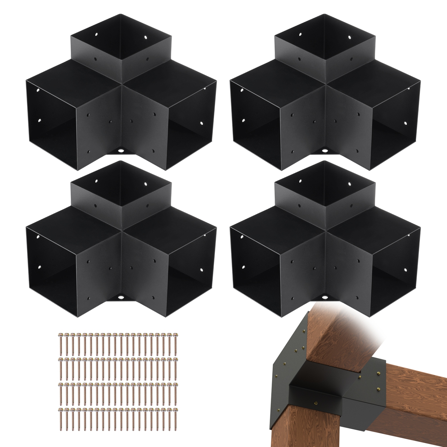 VEVOR 6"x6"Pergola Bracket Kit(Inner Size 5.6x5.6), 4pcs 3-Way Heavy Duty Corner Bracket Woodworks DIY Post Base Kit, Easy Installation Wooden Beams