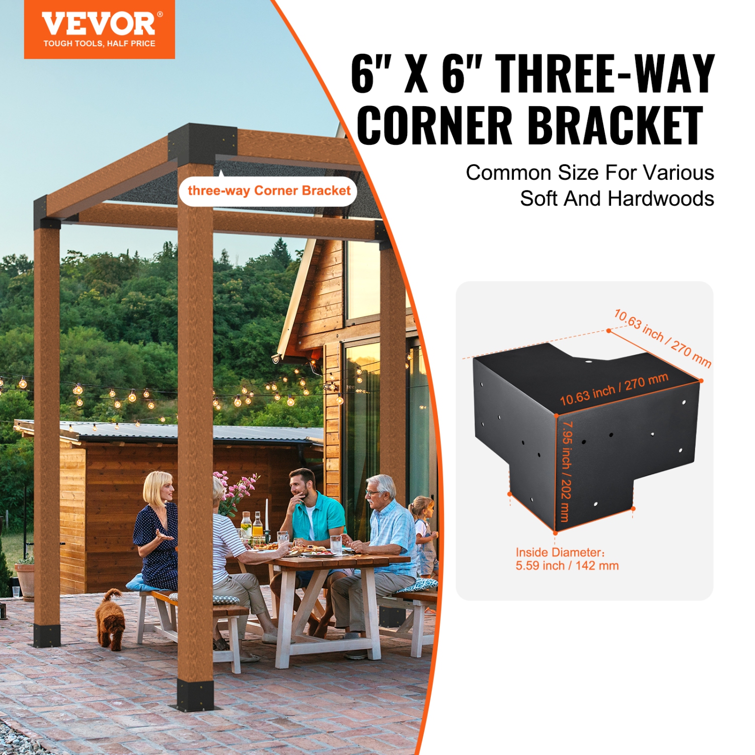 VEVOR 6"x6"Pergola Bracket Kit(Inner Size 5.6x5.6), 4pcs 3-Way Heavy Duty Corner Bracket Woodworks DIY Post Base Kit, Easy Installation Wooden Beams