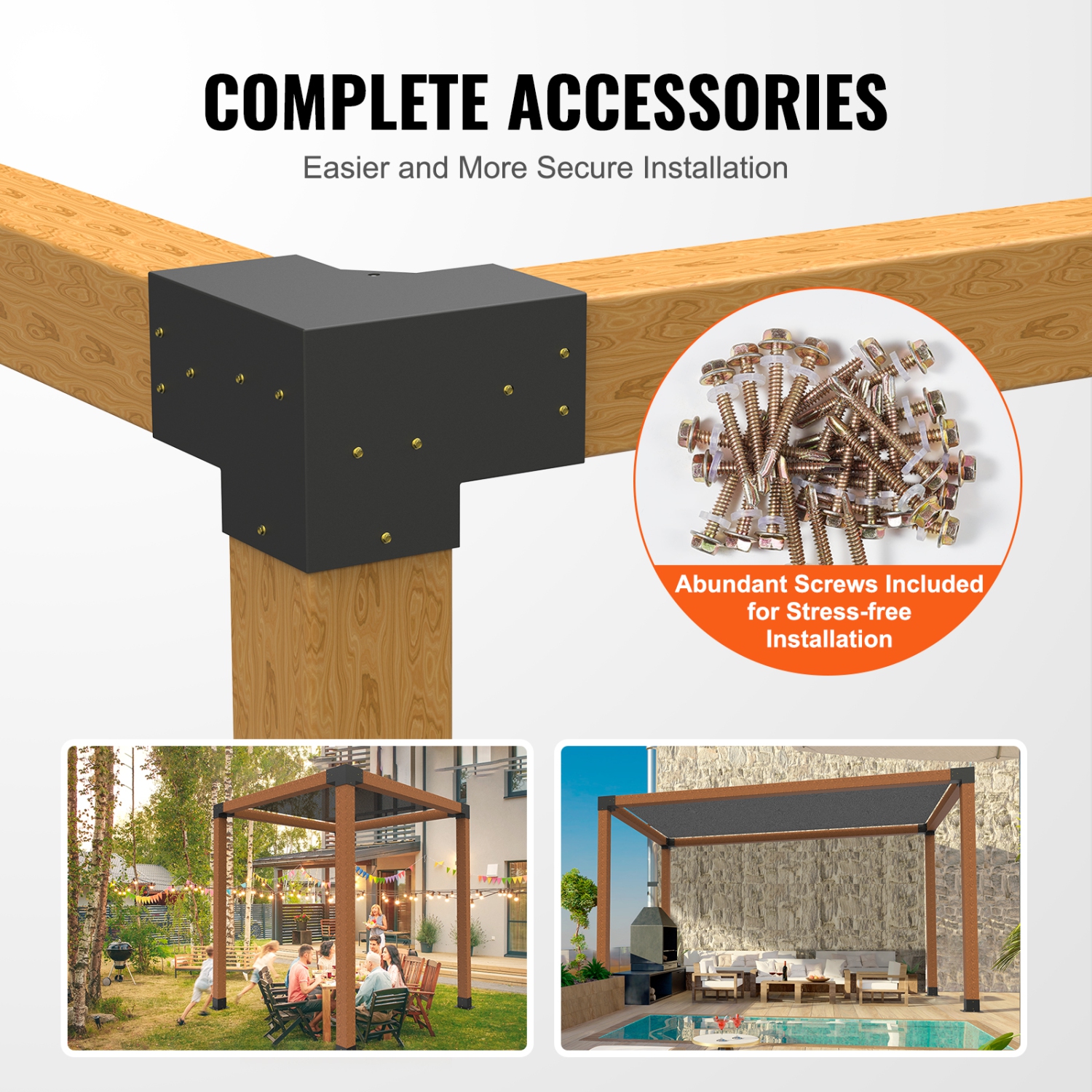 VEVOR 6"x6"Pergola Bracket Kit(Inner Size 5.6x5.6), 4pcs 3-Way Heavy Duty Corner Bracket Woodworks DIY Post Base Kit, Easy Installation Wooden Beams