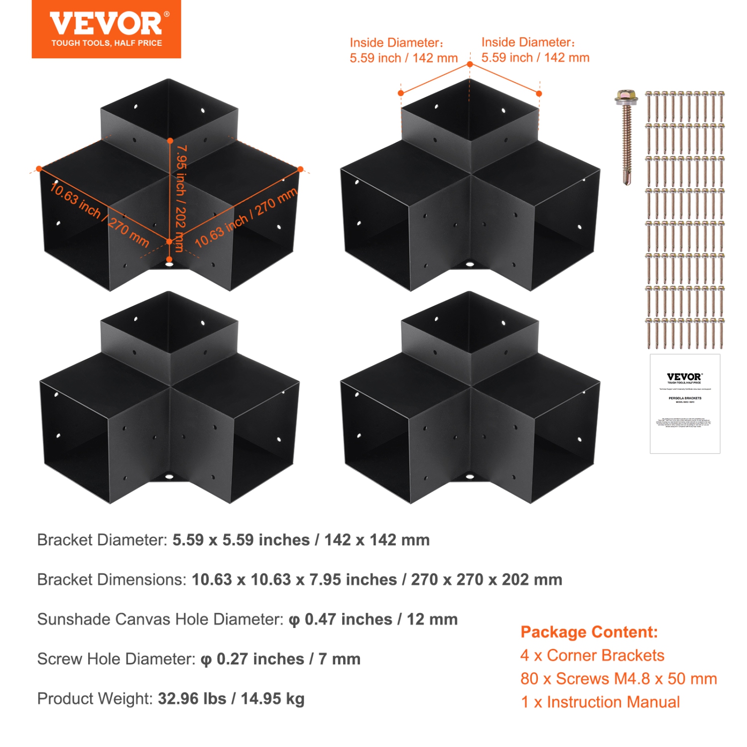 VEVOR 6"x6"Pergola Bracket Kit(Inner Size 5.6x5.6), 4pcs 3-Way Heavy Duty Corner Bracket Woodworks DIY Post Base Kit, Easy Installation Wooden Beams