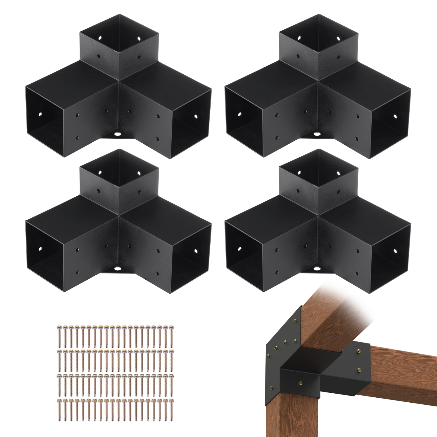 VEVOR 4"x 4"Pergola Bracket Kit(Inner Size 3.6x3.6), 4pcs 3-Way Heavy Duty Corner Bracket Woodworks DIY Post Base Kit, Easy Installation Wooden Beams