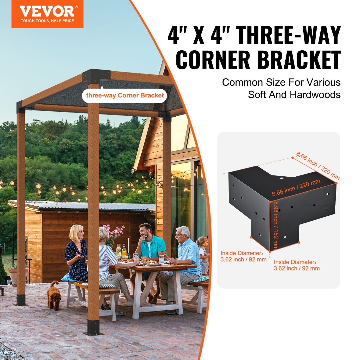 VEVOR 4"x 4"Pergola Bracket Kit(Inner Size 3.6x3.6), 4pcs 3-Way Heavy Duty Corner Bracket Woodworks DIY Post Base Kit, Easy Installation Wooden Beams
