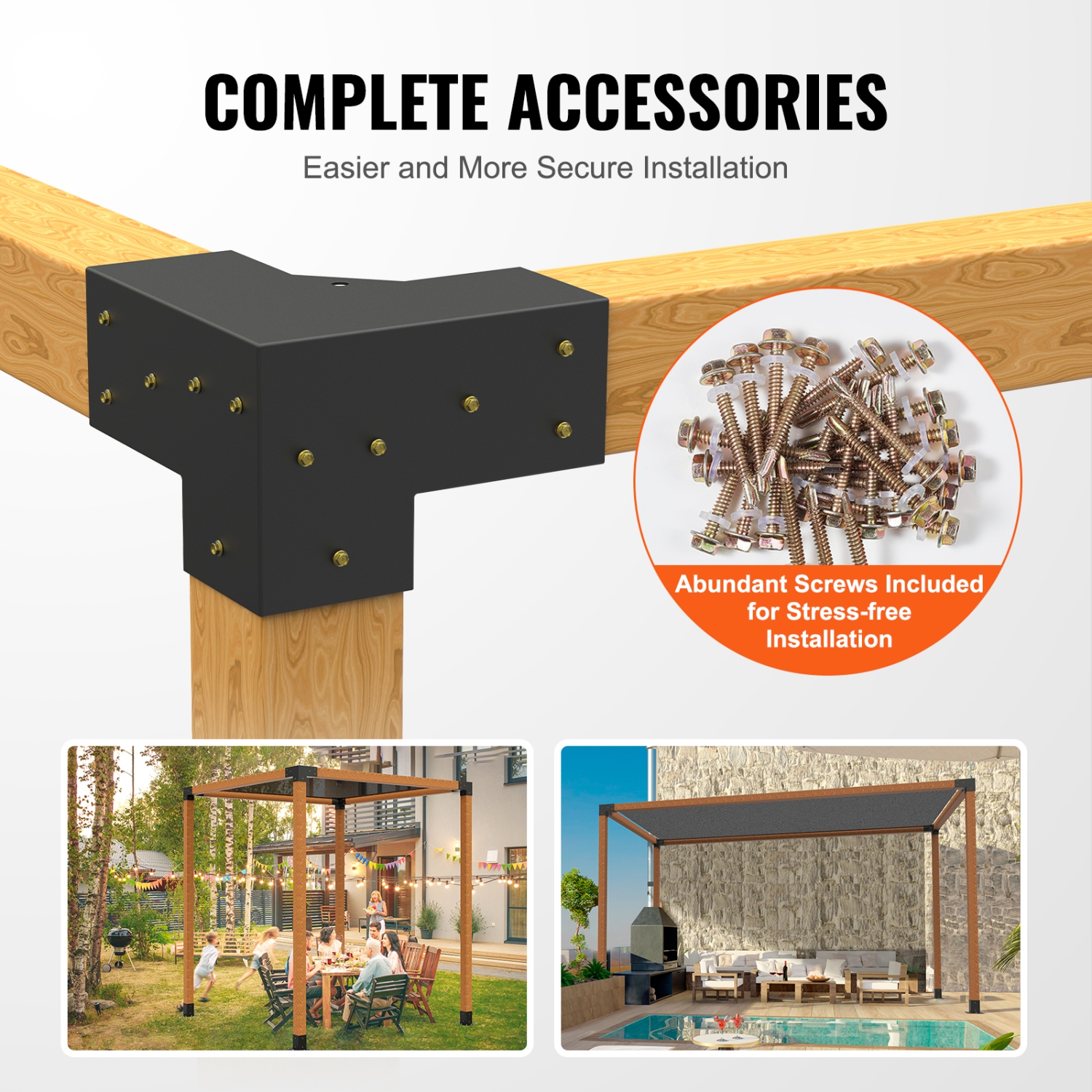 VEVOR 4"x 4"Pergola Bracket Kit(Inner Size 3.6x3.6), 4pcs 3-Way Heavy Duty Corner Bracket Woodworks DIY Post Base Kit, Easy Installation Wooden Beams