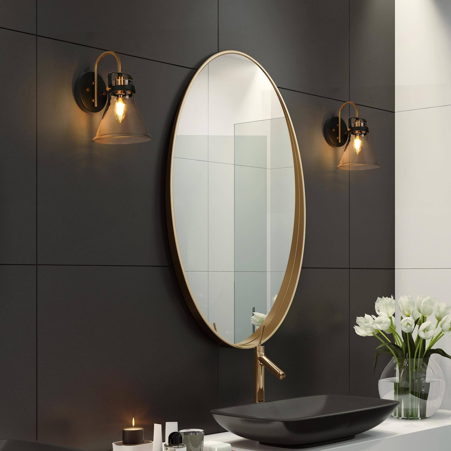Uolfin 6.5-in W 1-Light Modern Matte Black and Brass Gold with Traditional Clear Glass Shade with Wall Sconce