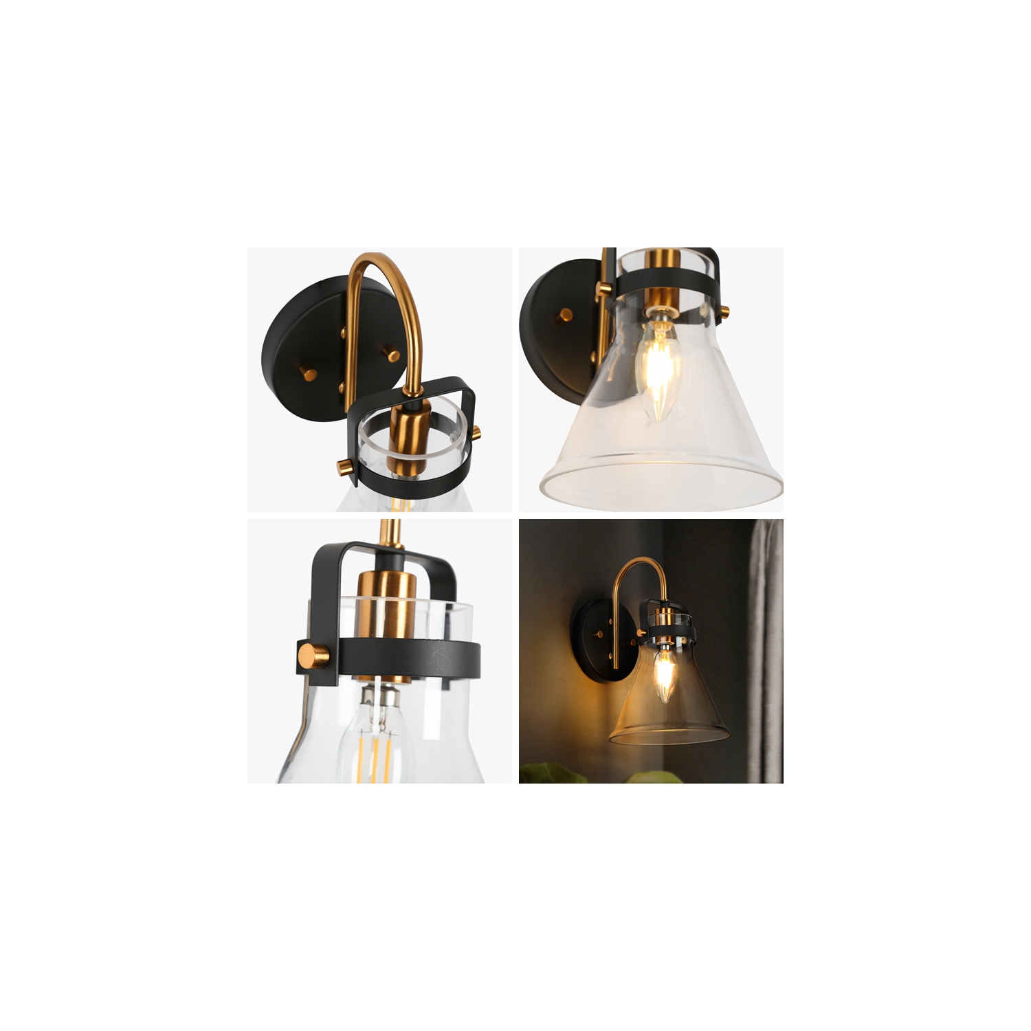 Uolfin 6.5-in W 1-Light Modern Matte Black and Brass Gold with Traditional Clear Glass Shade with Wall Sconce
