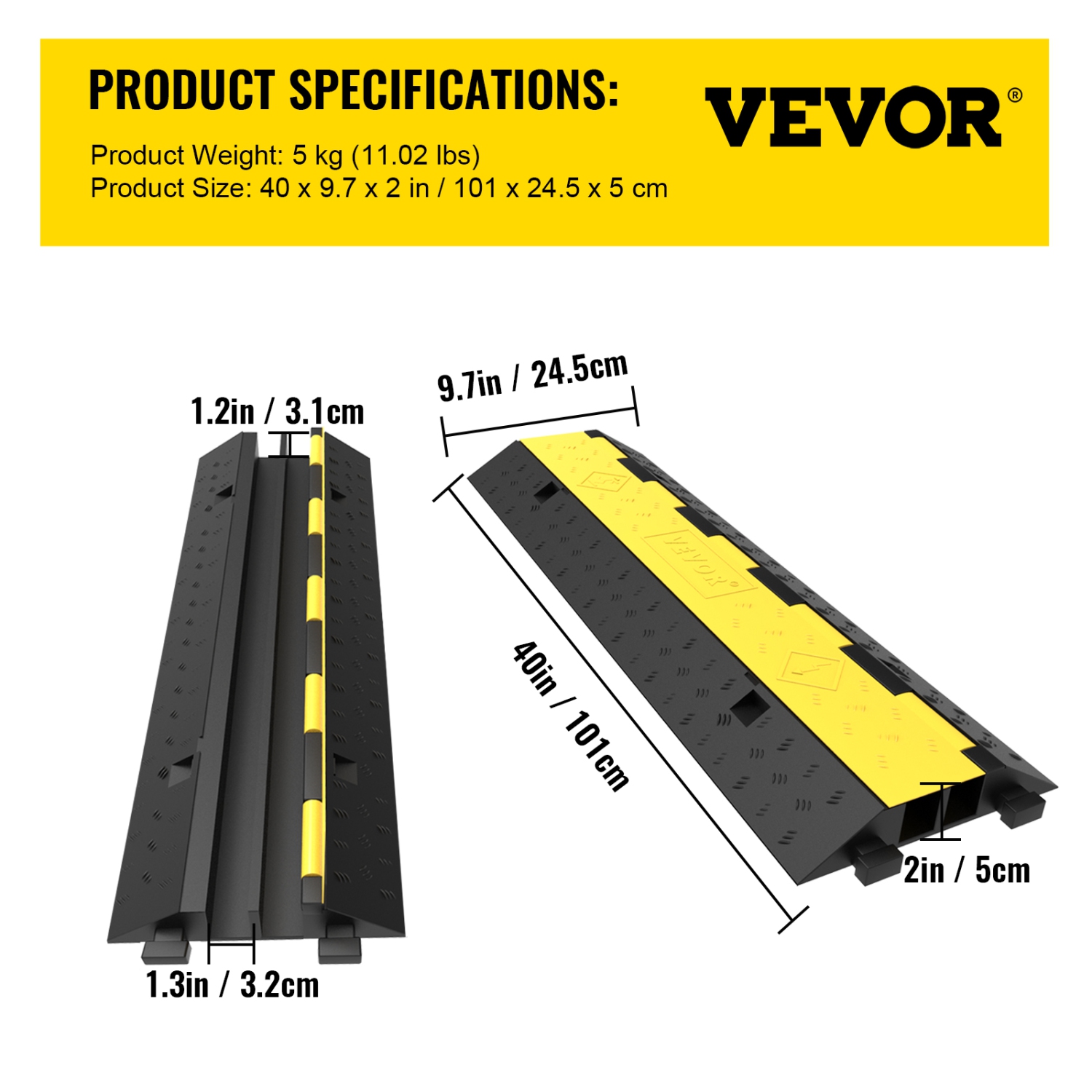 VEVOR 5 Packs 2 Channels Cable Protector Ramp, Speed Bump Hump, Rubber Modular Speed Bump Rated 11000 LBS Load Capacity, Protective Wire Cord Ramp